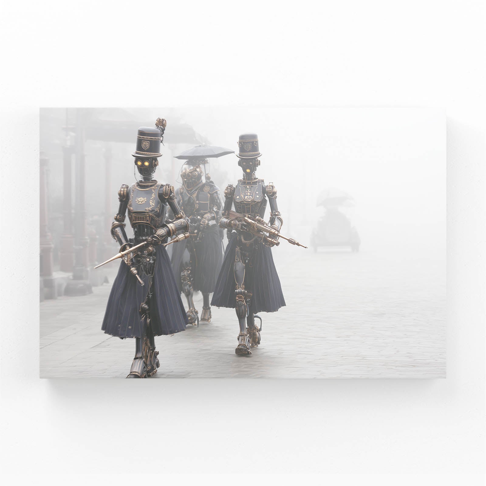 Foggy Blade Wanderers Steampunk Wall Decor – angled canvas view on white background