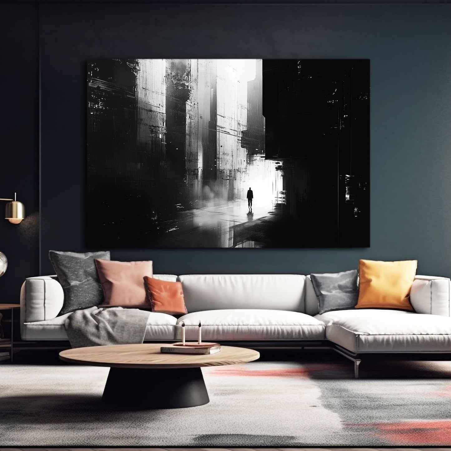 Foggy City Solitude Abstract Canvas Art – styled in a furnished interior