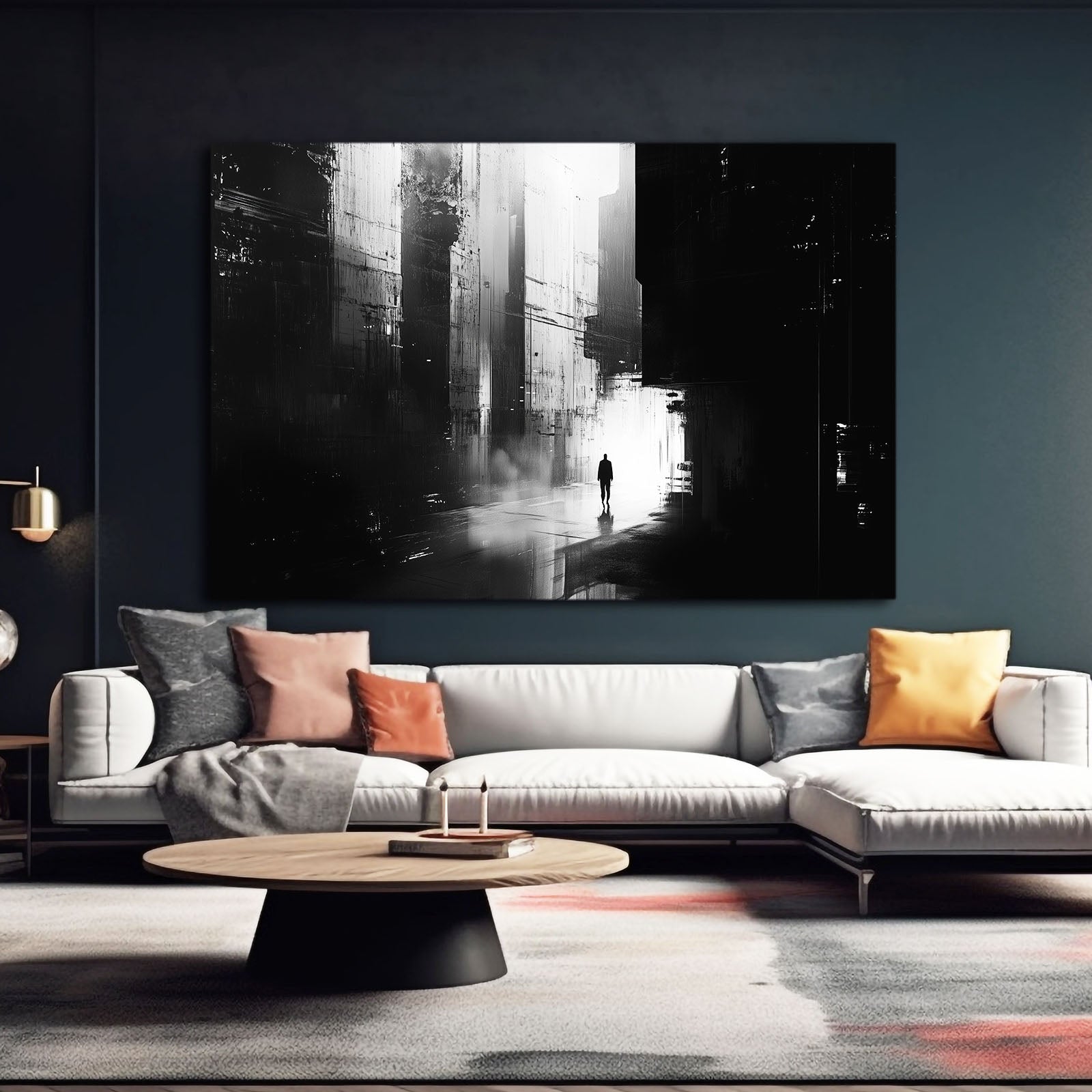 Foggy City Solitude Abstract Canvas Art – styled in a furnished interior