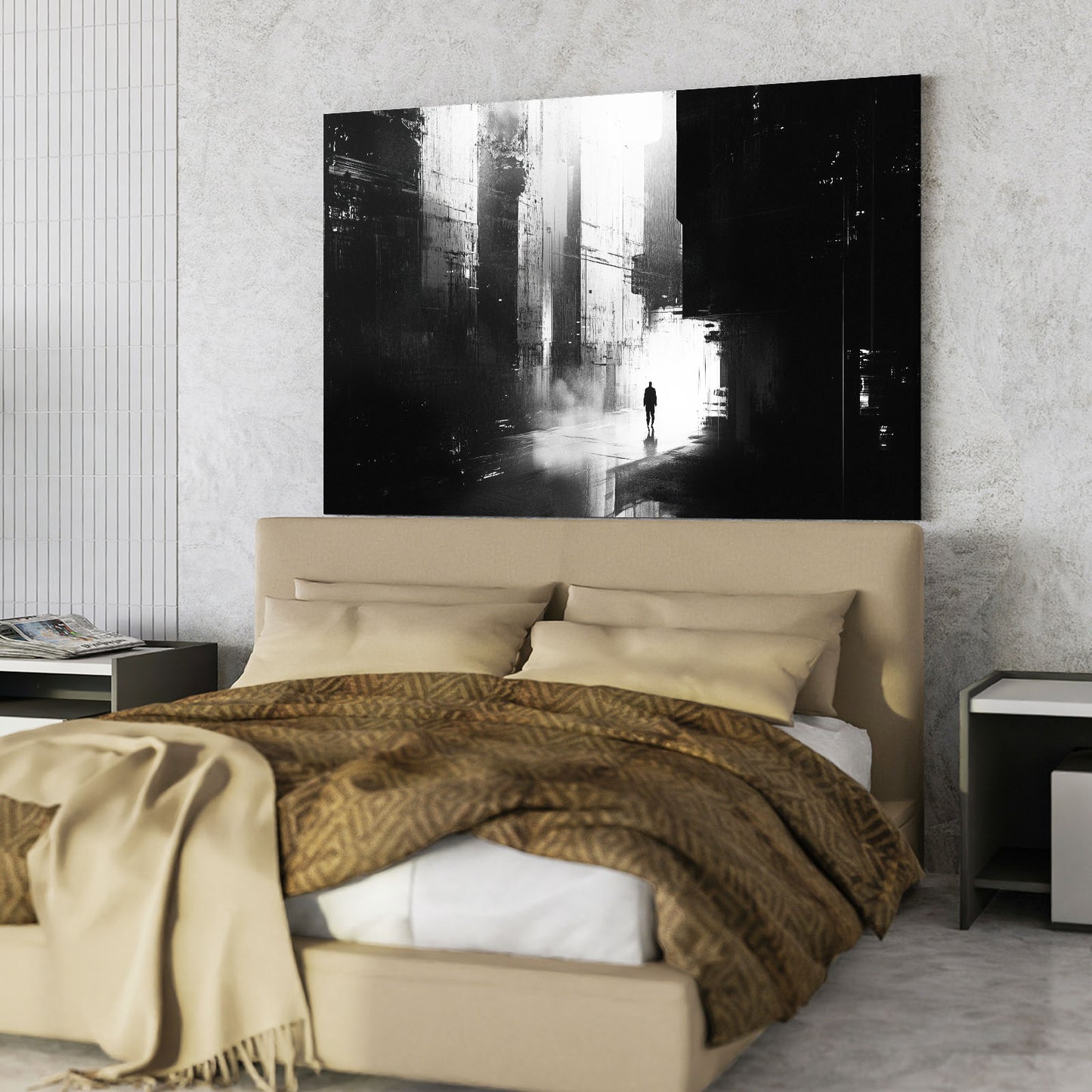 Foggy City Solitude Abstract Canvas Art – styled in a furnished interior
