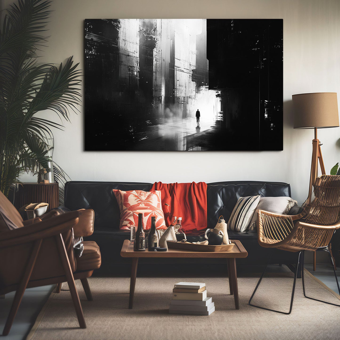 Foggy City Solitude Abstract Canvas Art – styled in a furnished interior