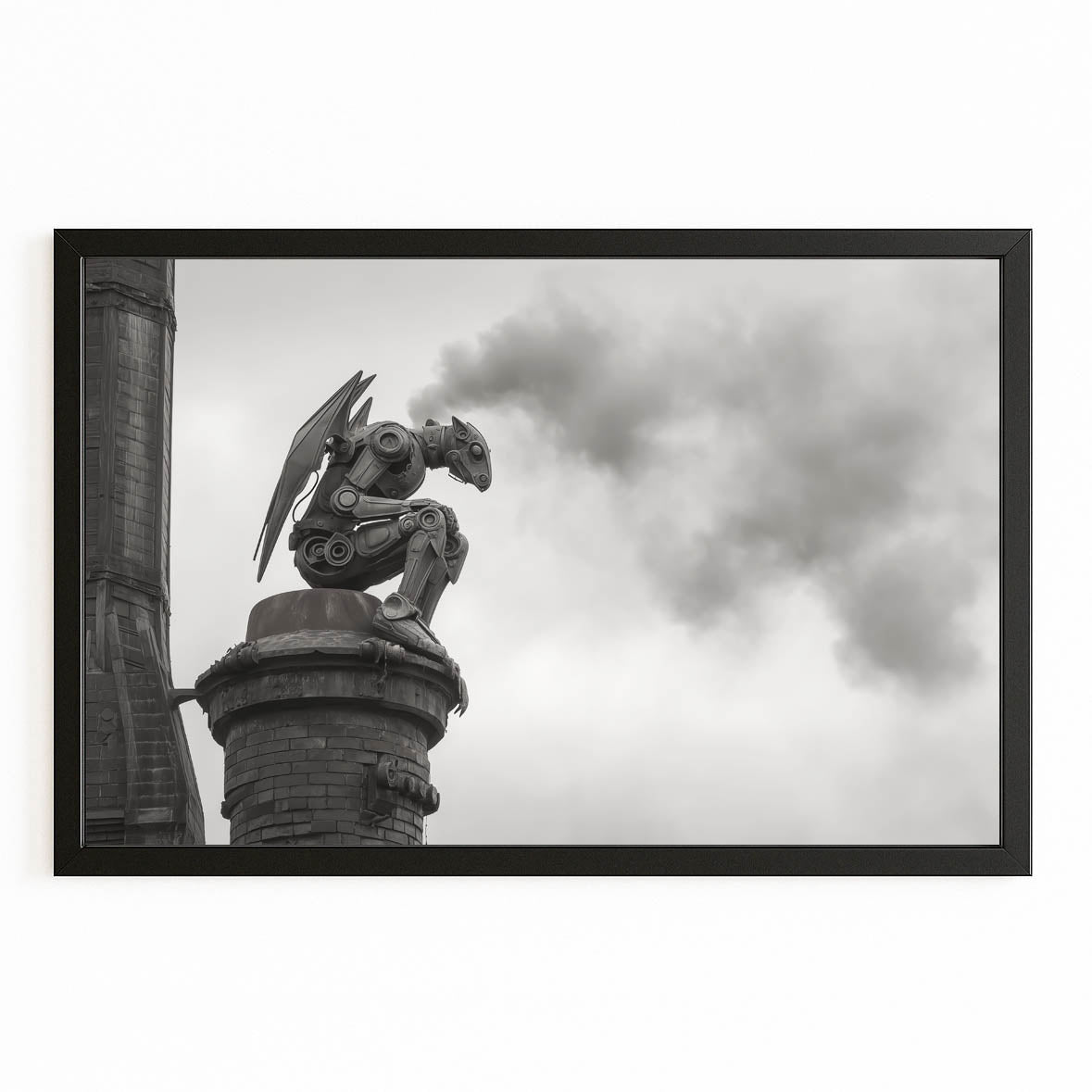 Foggy Gargoyle Sentinel Steampunk Art – with Premium Black frame on white background