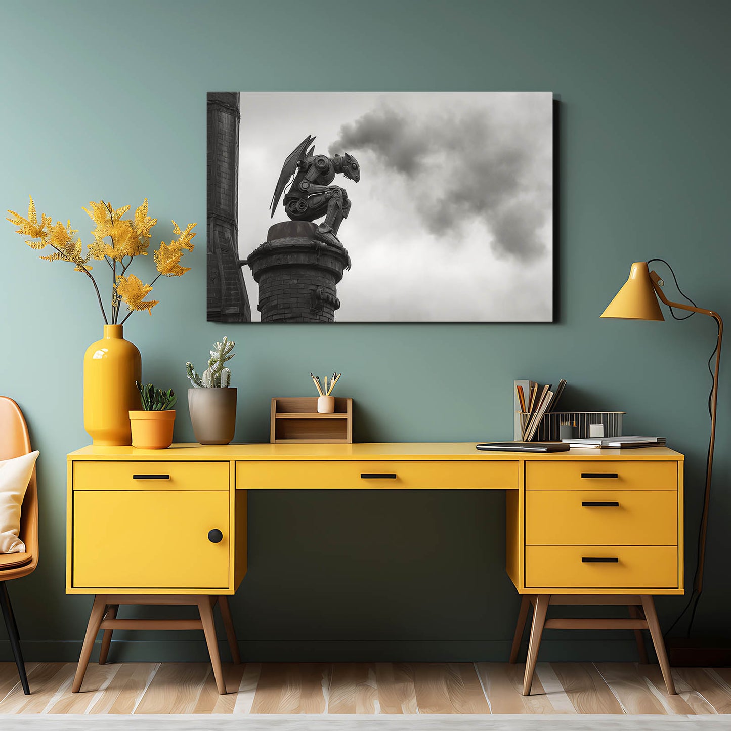 Foggy Gargoyle Sentinel Steampunk Art – styled in a furnished interior