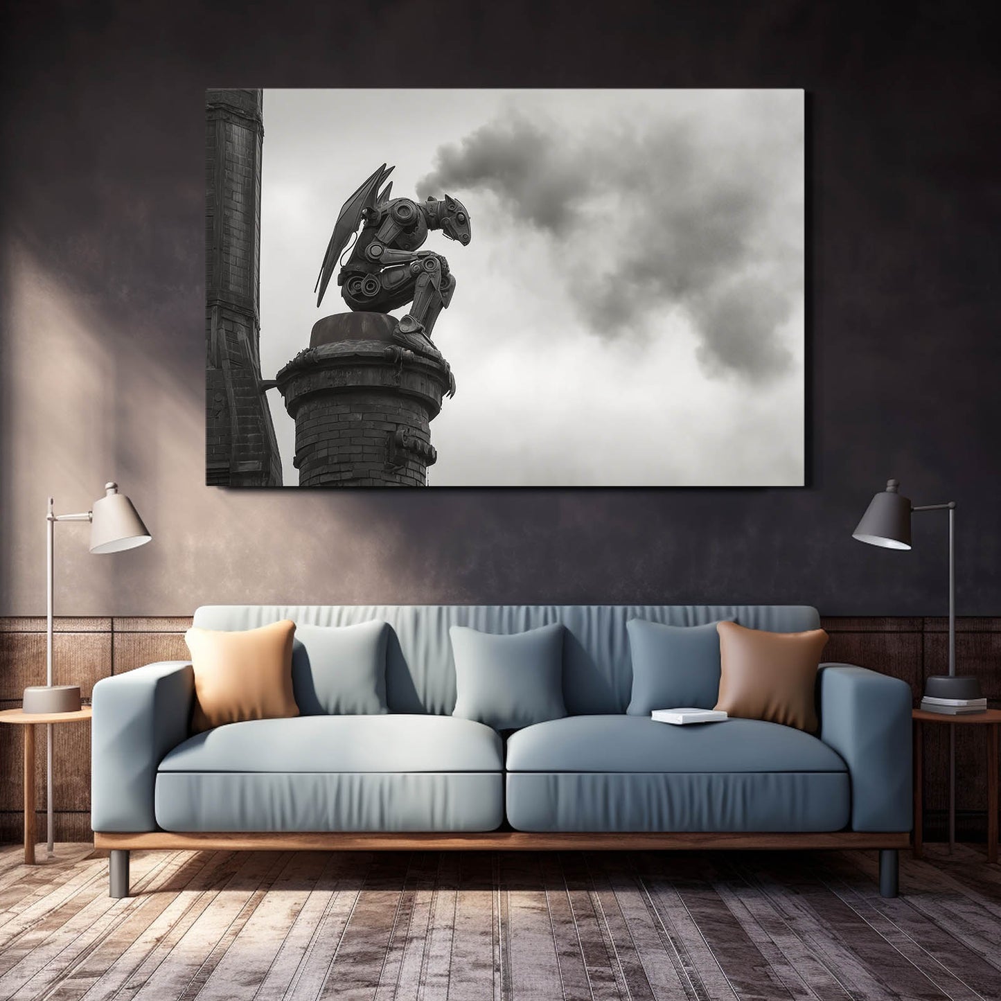 Foggy Gargoyle Sentinel Steampunk Art – styled in a furnished interior