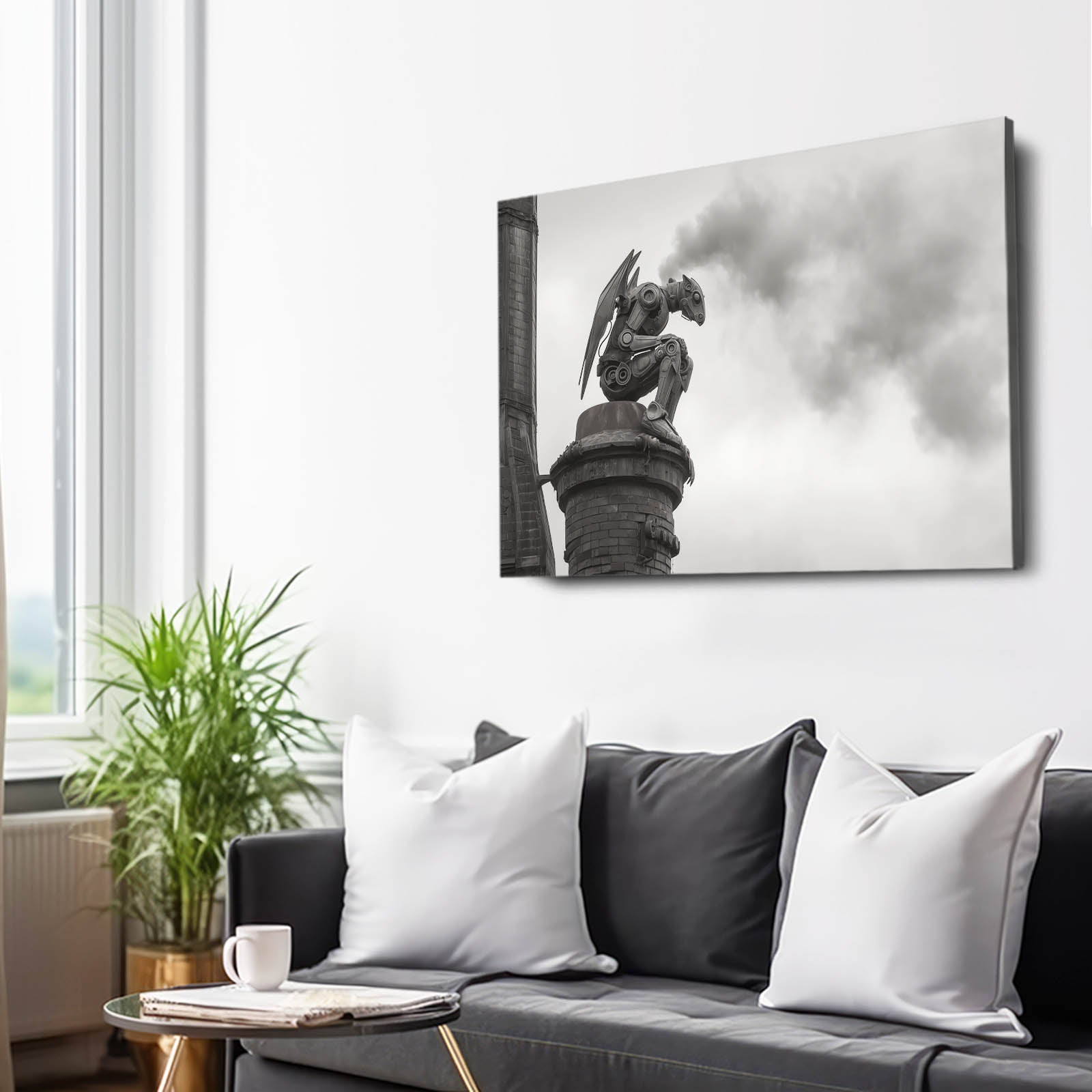 Foggy Gargoyle Sentinel Steampunk Art – styled in a furnished interior