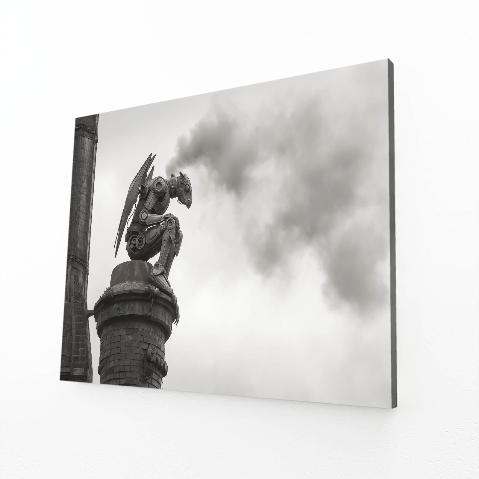 Foggy Gargoyle Sentinel Steampunk Art – angled canvas view on white background