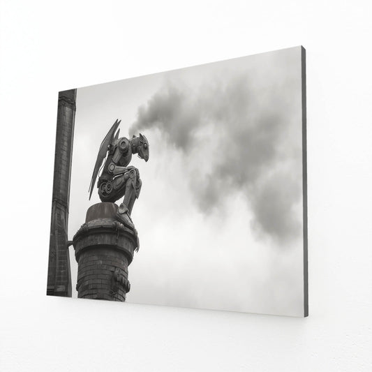 Foggy Gargoyle Sentinel Steampunk Art – angled canvas view on white background