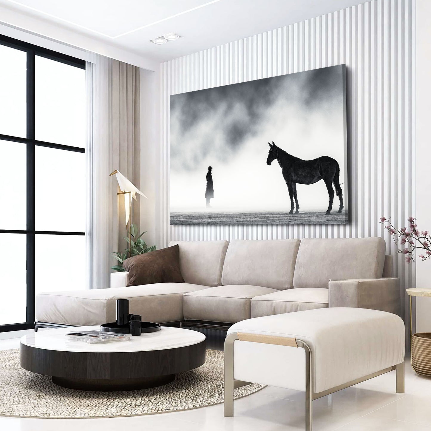 Foggy Horse Silhouette Photography Wall Art – styled in a furnished interior