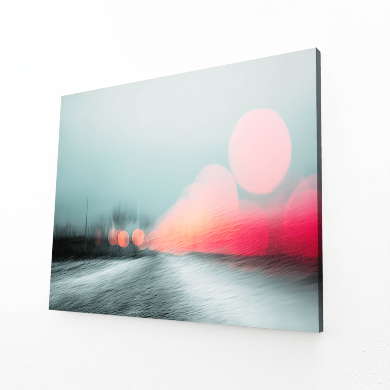 Foggy Road Bokeh Photography Wall Art – angled canvas view on white background
