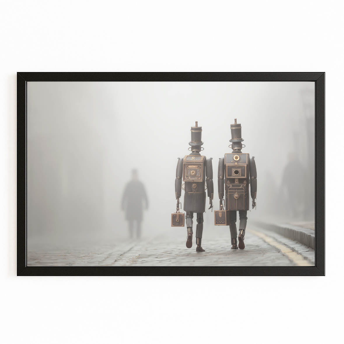 Foggy Robot Wanderers Steampunk Wall Art – with Premium Black frame on white background