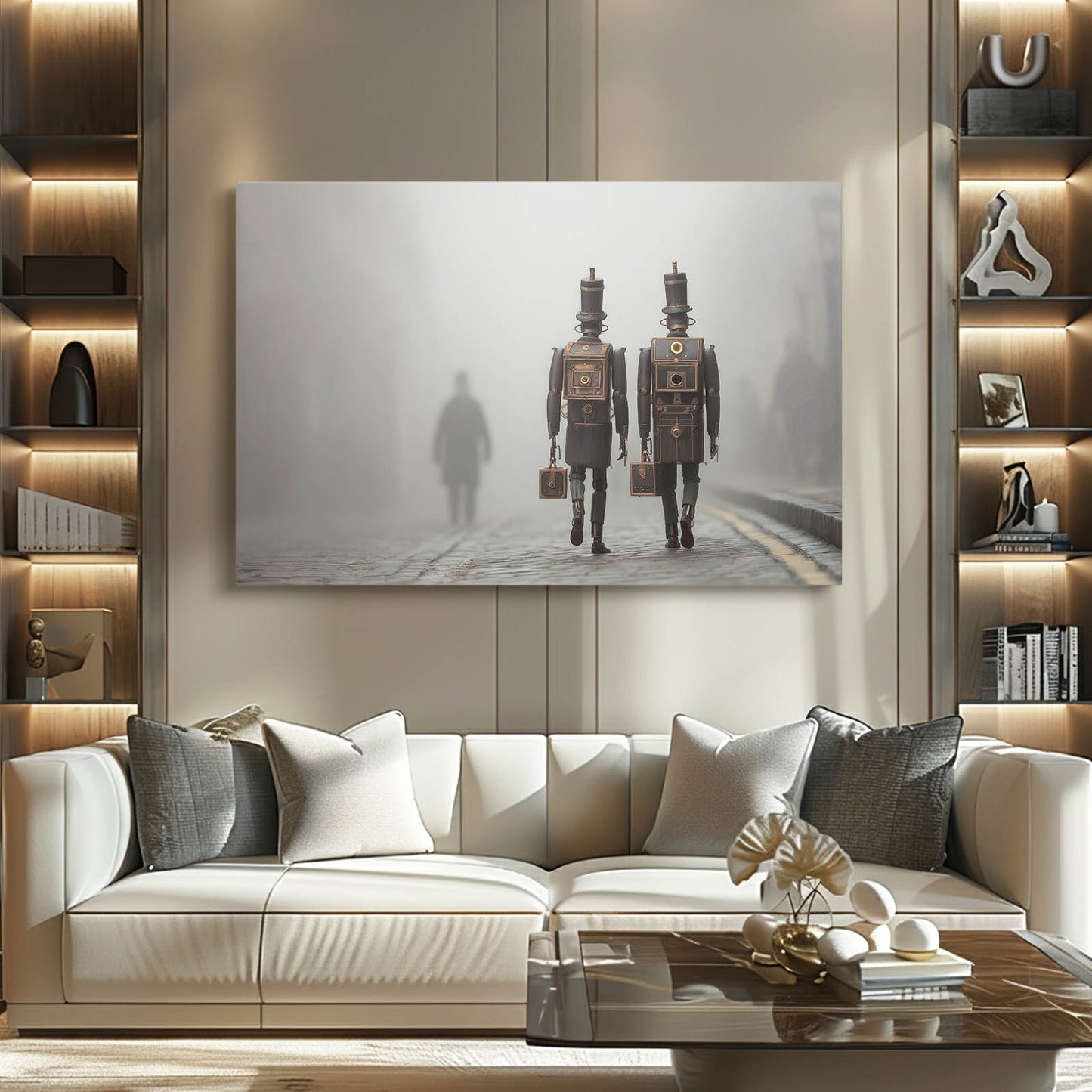 Foggy Robot Wanderers Steampunk Wall Art – styled in a furnished interior