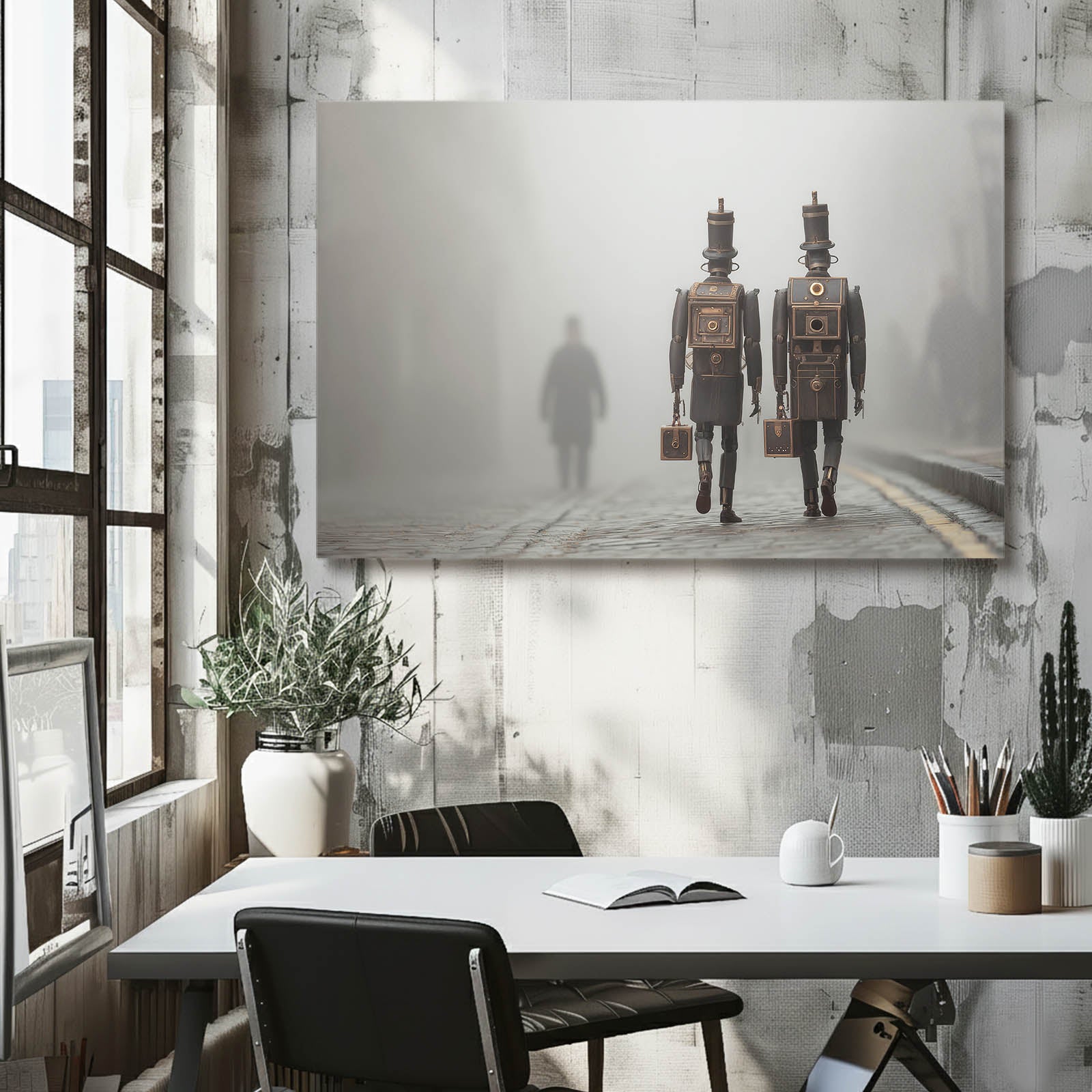 Foggy Robot Wanderers Steampunk Wall Art – styled in a furnished interior