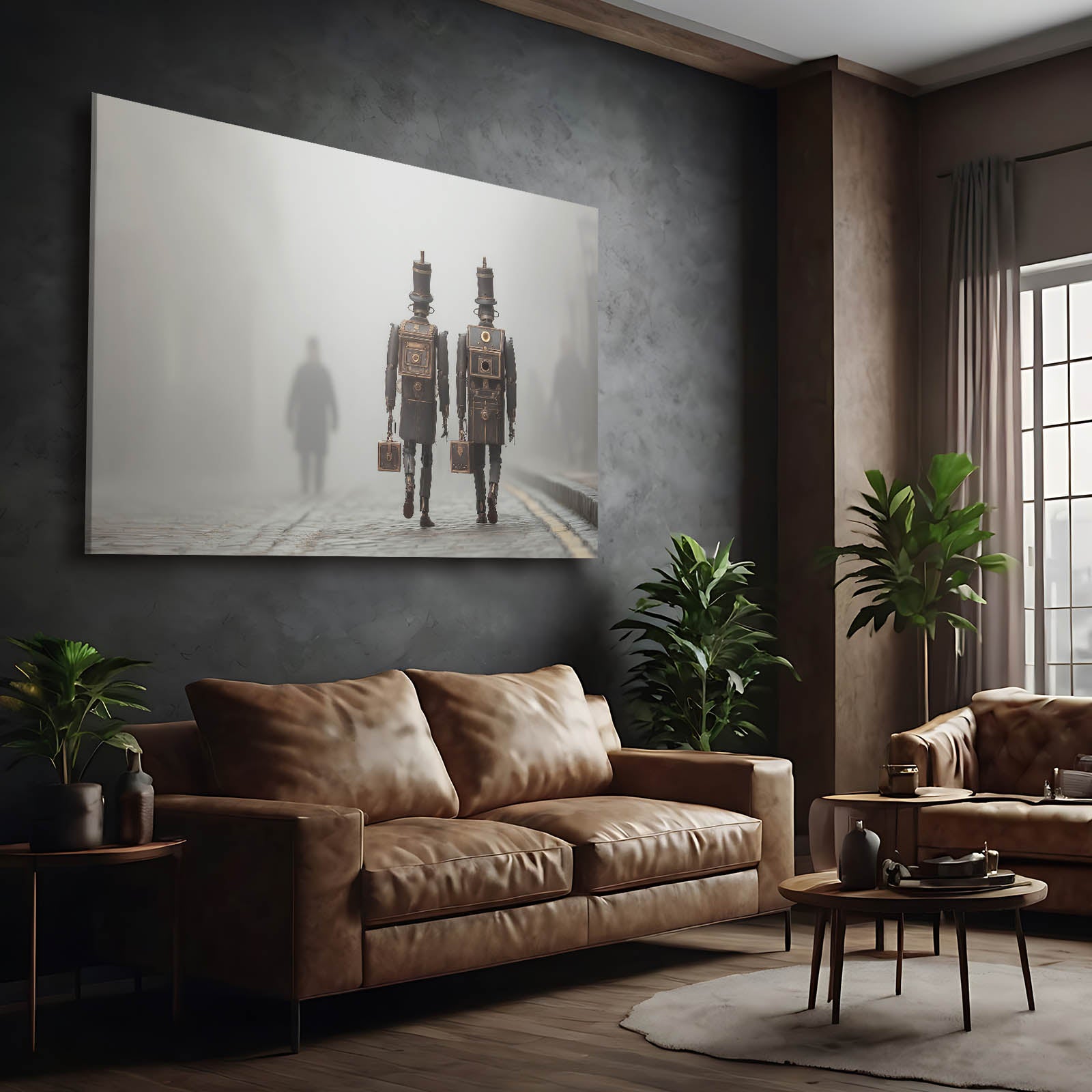 Foggy Robot Wanderers Steampunk Wall Art – styled in a furnished interior