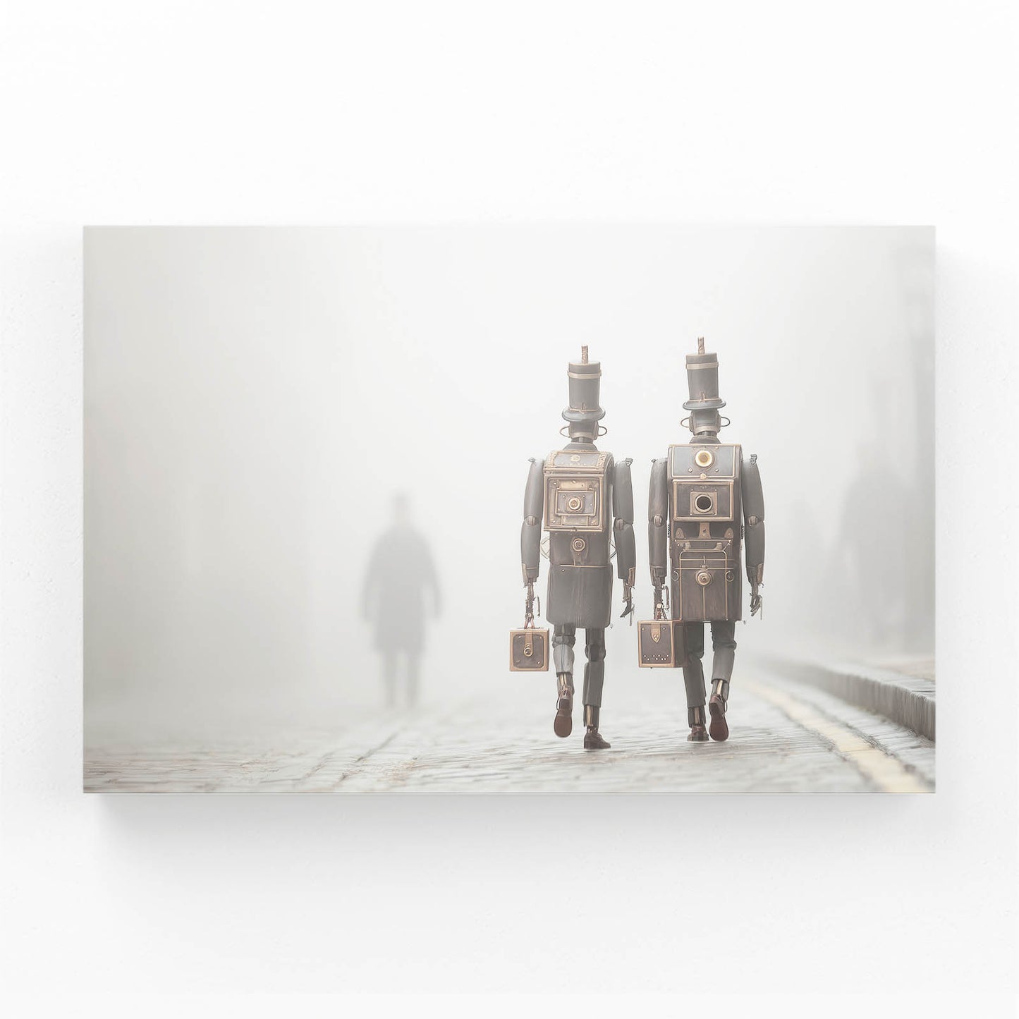 Foggy Robot Wanderers Steampunk Wall Art – angled canvas view on white background