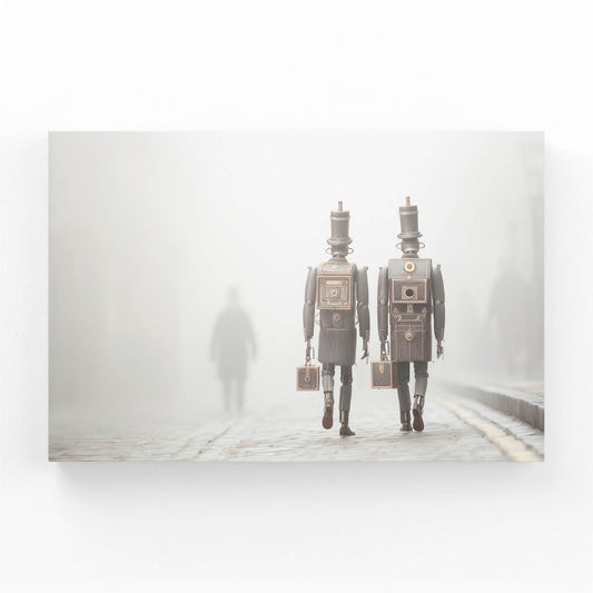 Foggy Robot Wanderers Steampunk Wall Art – angled canvas view on white background