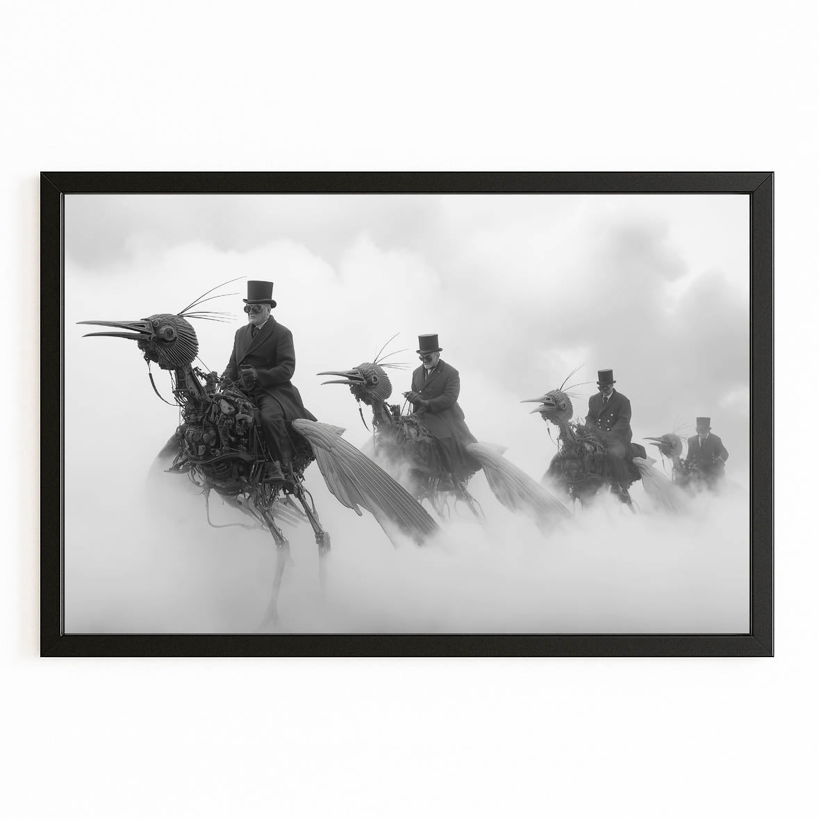 Foggy Steam Cavalry Steampunk Prints – with Premium Black frame on white background