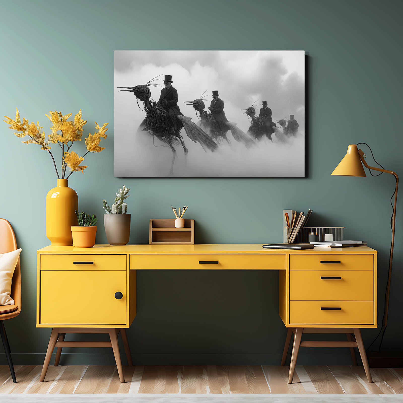 Foggy Steam Cavalry Steampunk Prints – styled in a furnished interior