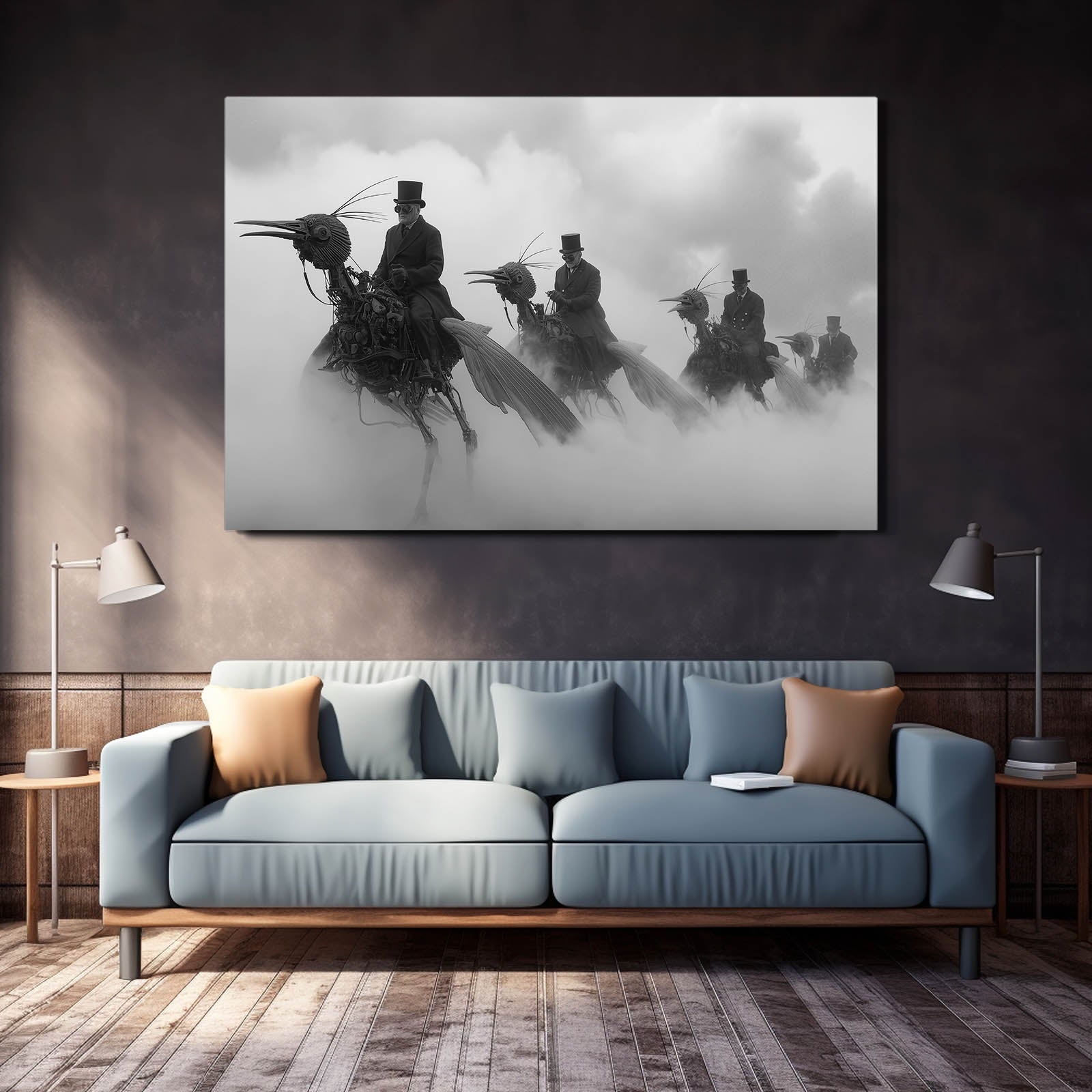 Foggy Steam Cavalry Steampunk Prints – styled in a furnished interior