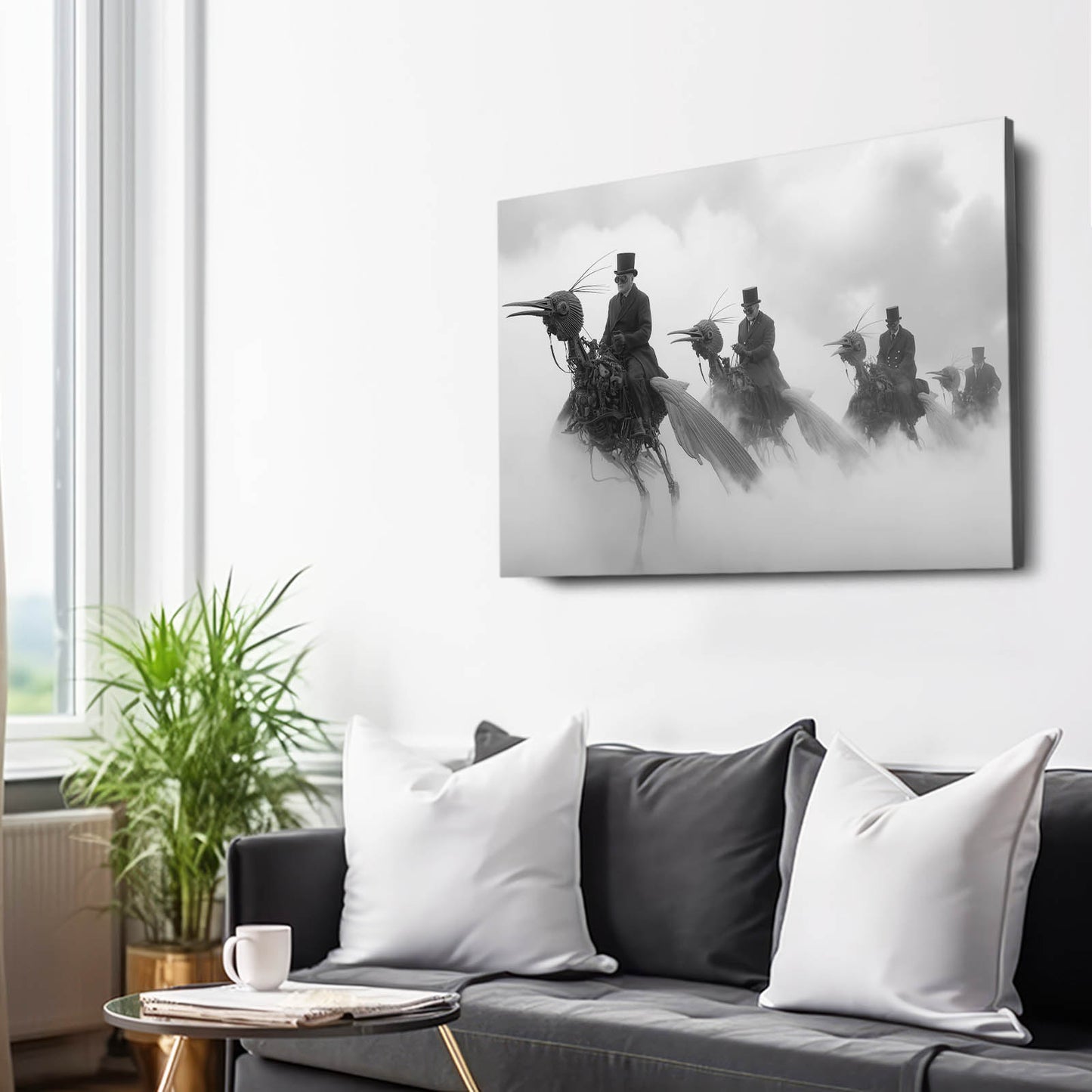 Foggy Steam Cavalry Steampunk Prints – styled in a furnished interior