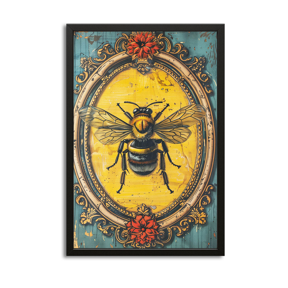 Folk Art Bee — 3d canvas print in orange tones, with Premium Black frame on white background