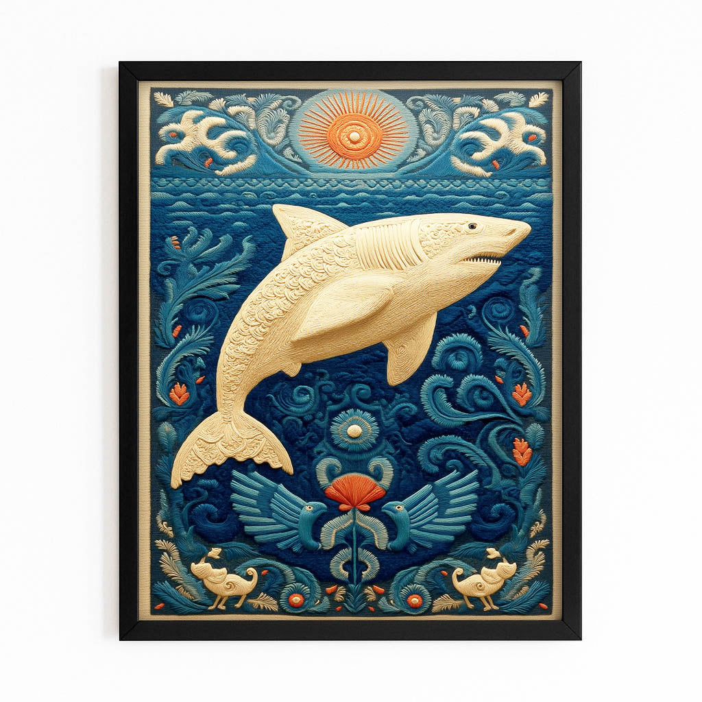 Folk Art Card Shark Canvas – with Premium Black frame on white background