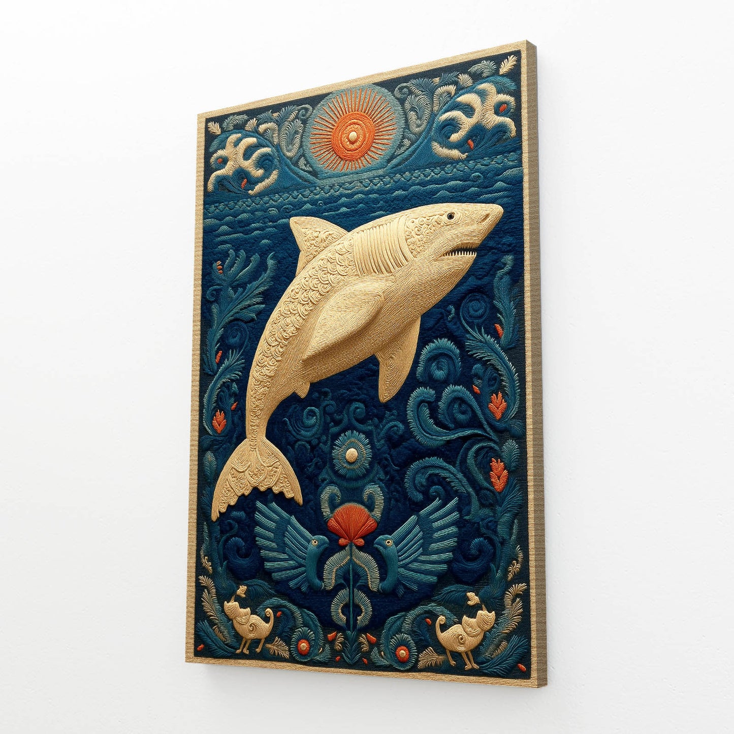 Folk Art Card Shark Canvas – angled canvas view on white background