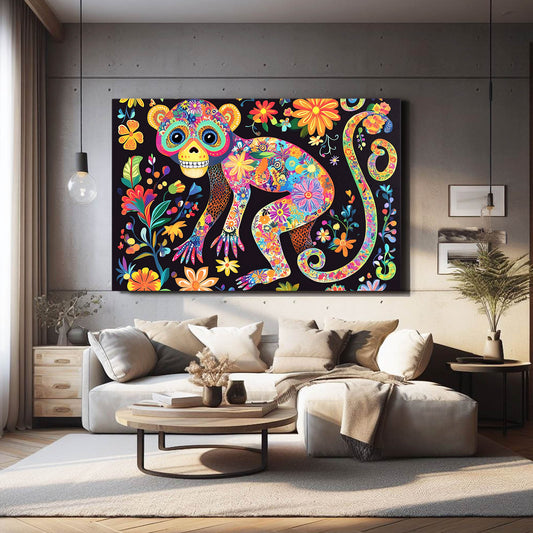 Folk Floral Alebrije Monkey Art – styled in a furnished interior