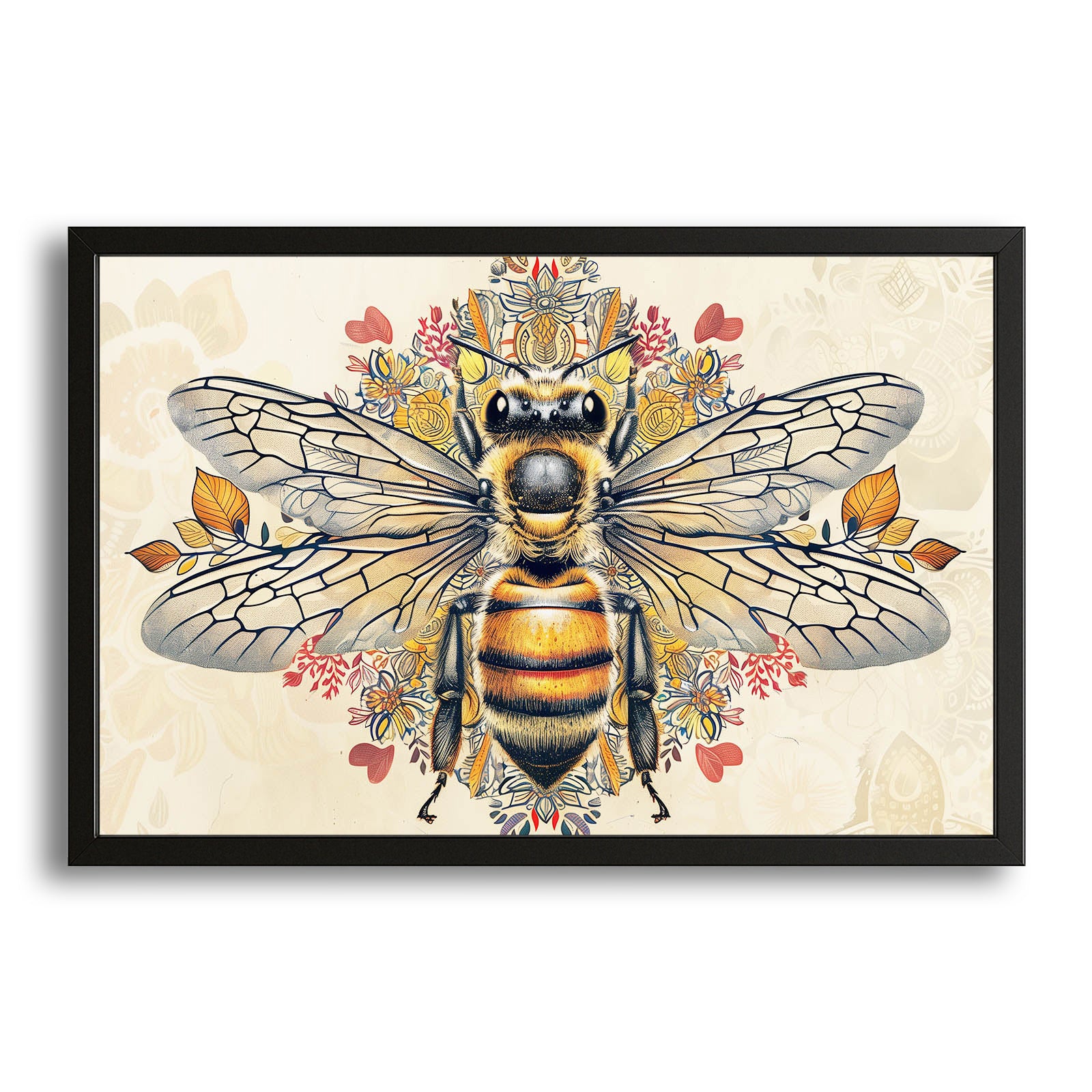 Folk Floral Bee Art — botanical canvas print in white tones, with Premium Black frame on white background