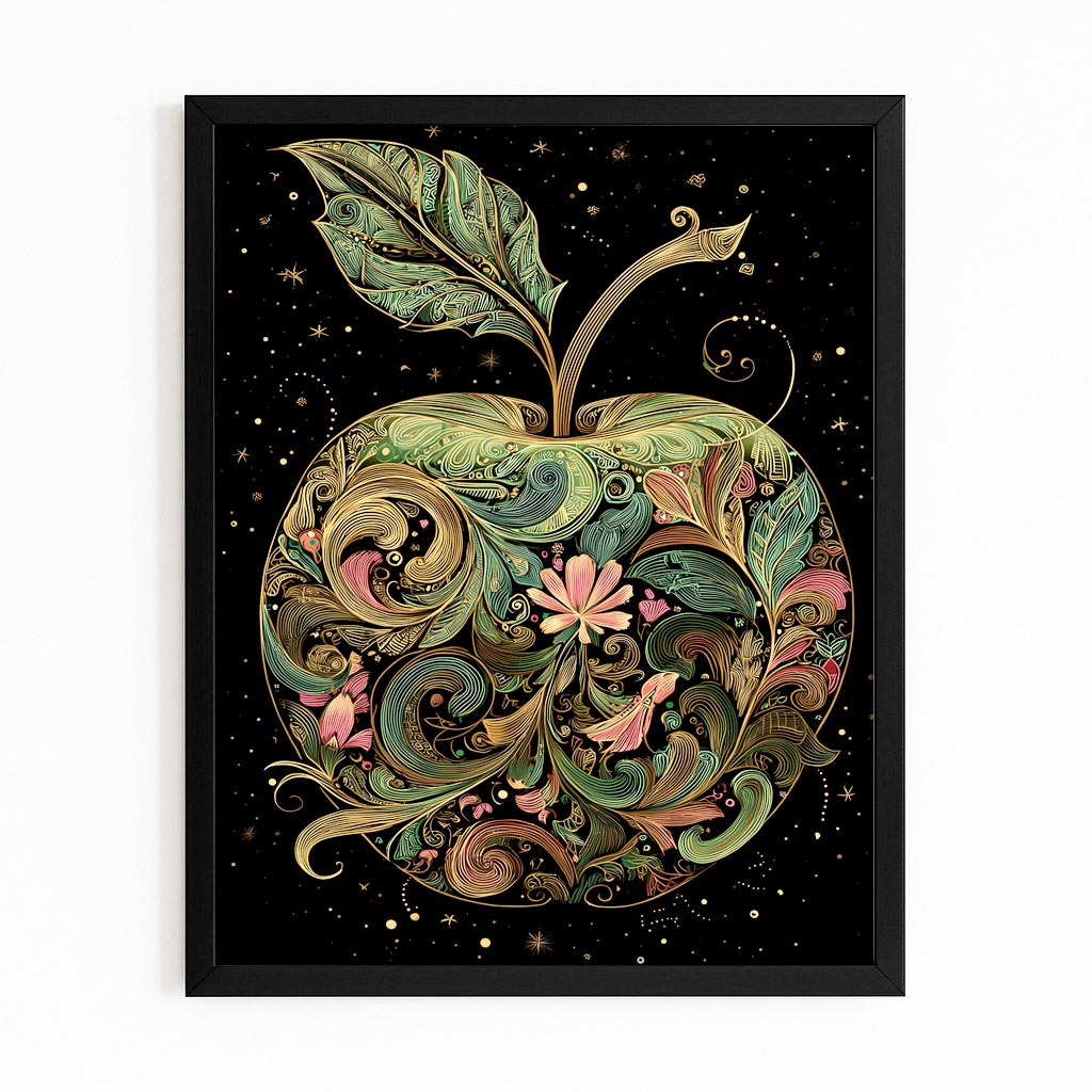 Folk Floral Ornate Apple Art – with Premium Black frame on white background