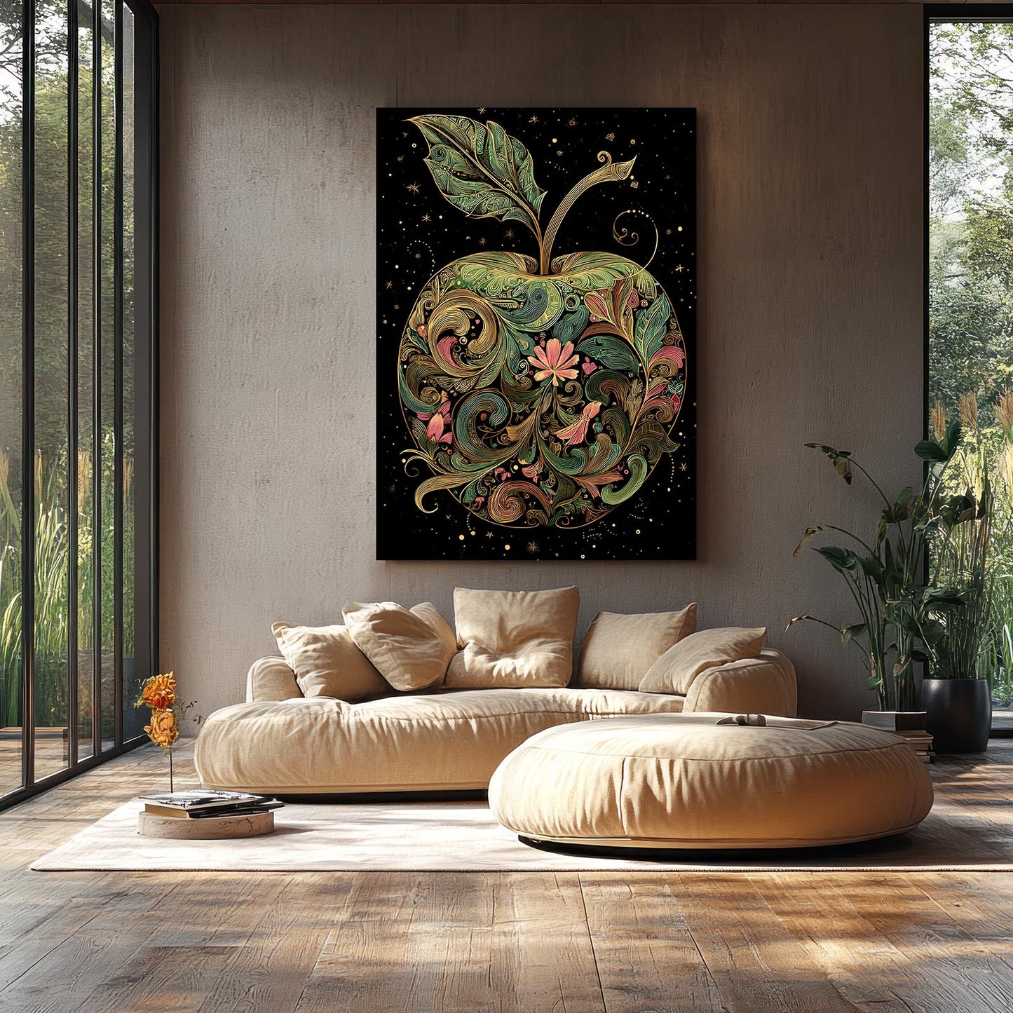 Folk Floral Ornate Apple Art – styled in a furnished interior