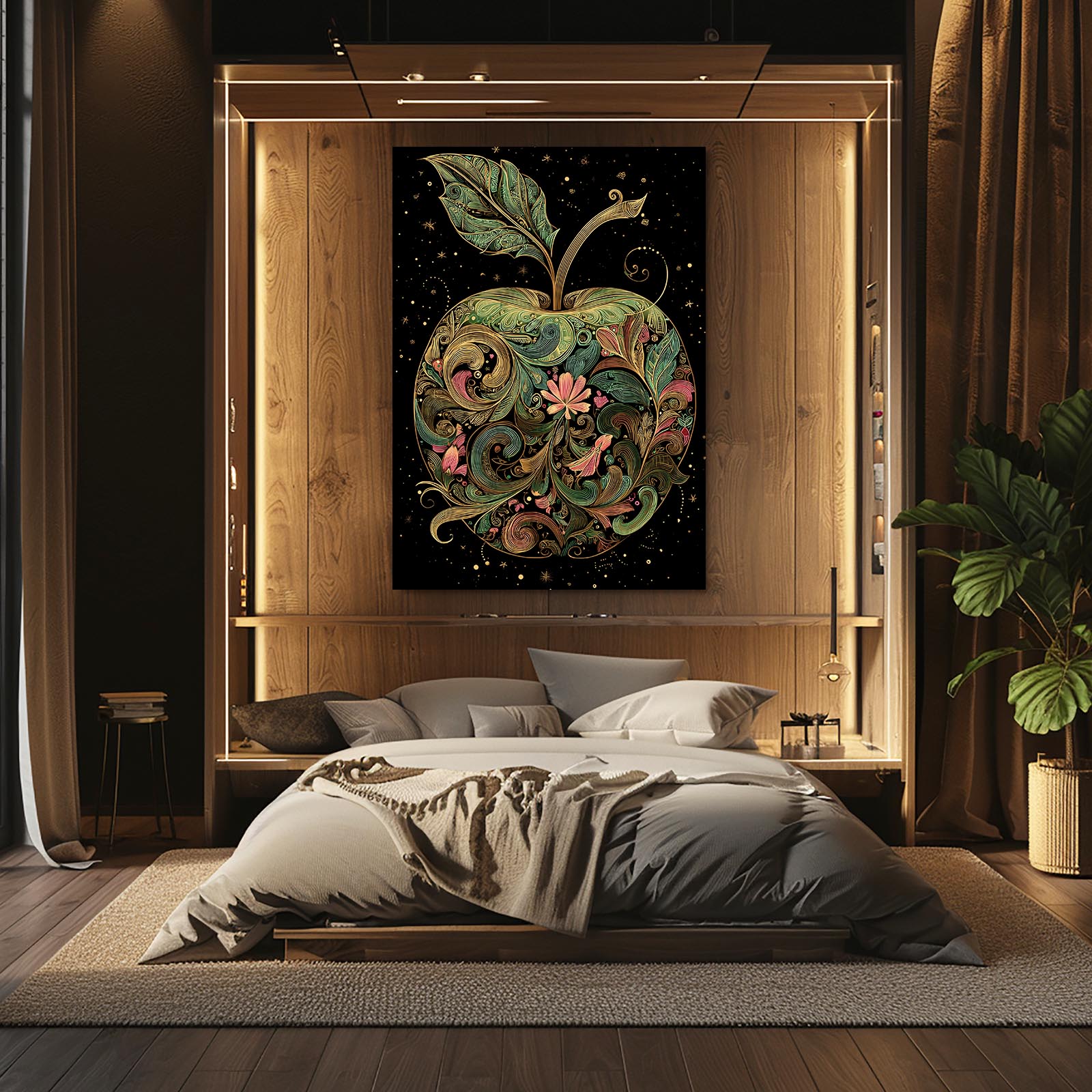 Folk Floral Ornate Apple Art – styled in a furnished interior