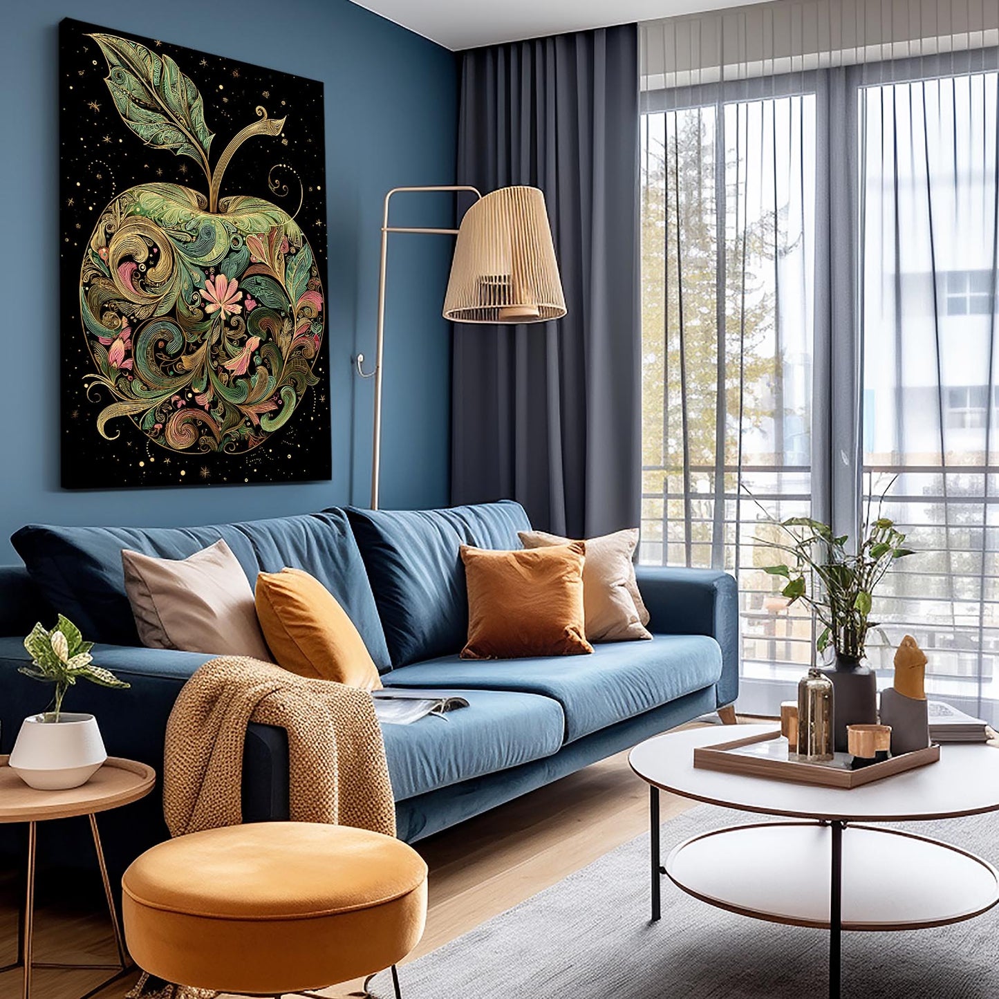 Folk Floral Ornate Apple Art – styled in a furnished interior