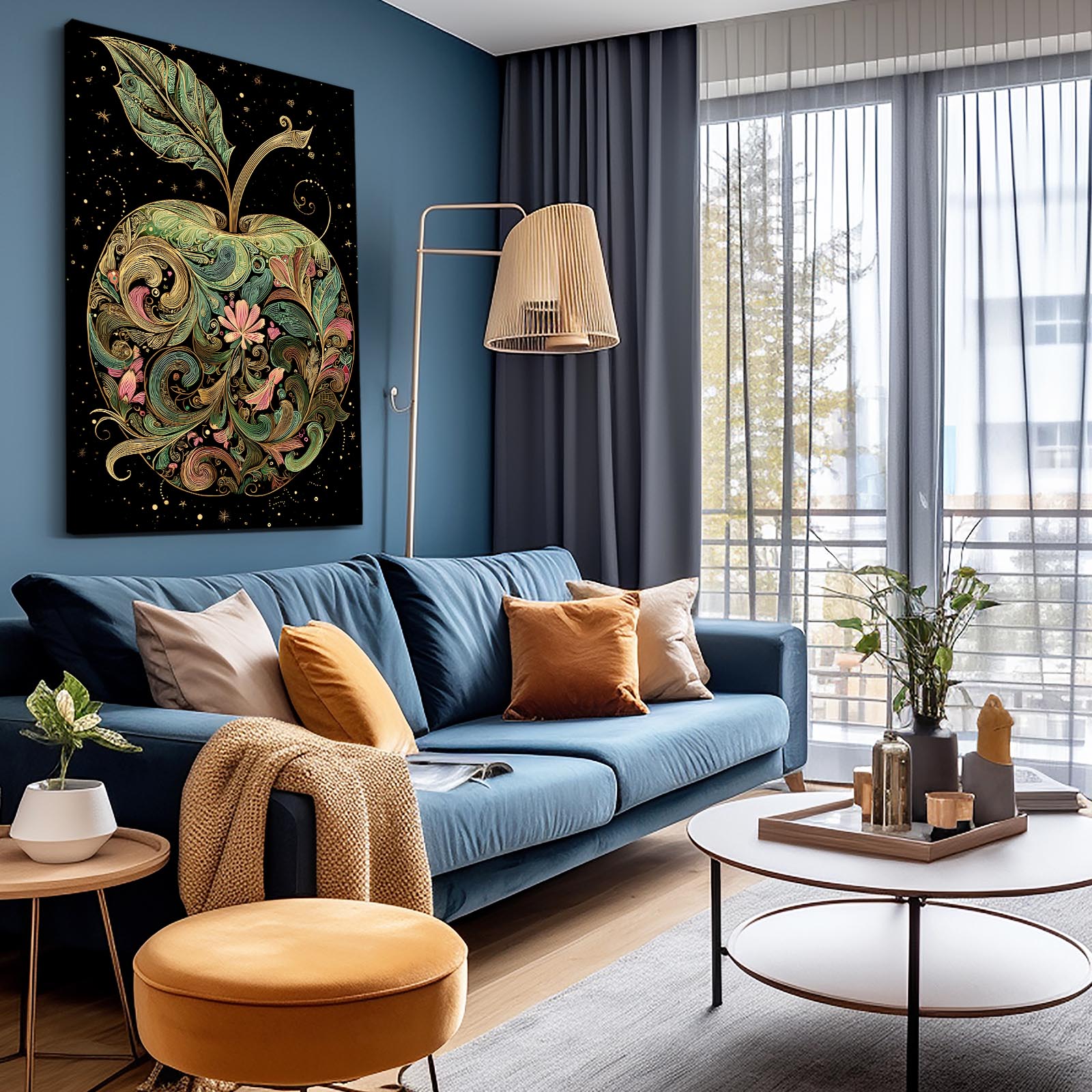 Folk Floral Ornate Apple Art – styled in a furnished interior