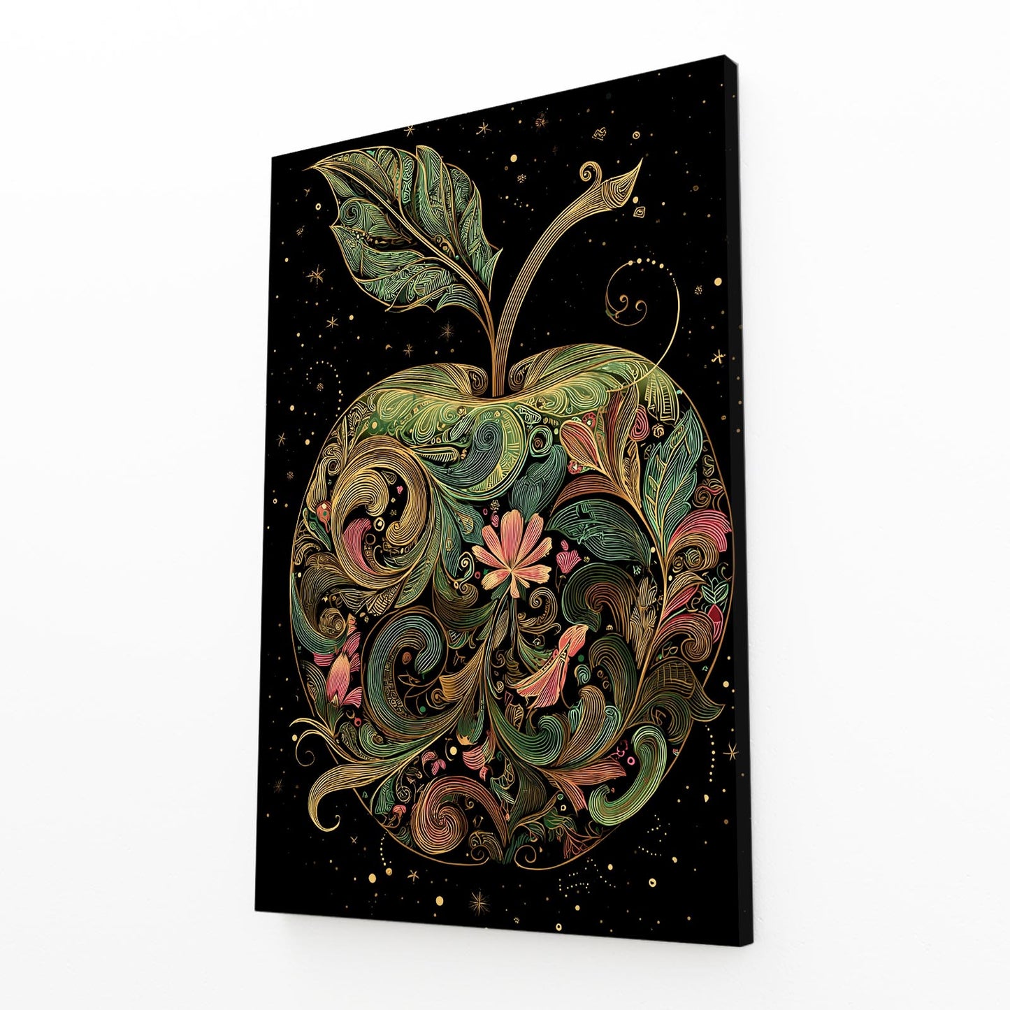 Folk Floral Ornate Apple Art – angled canvas view on white background