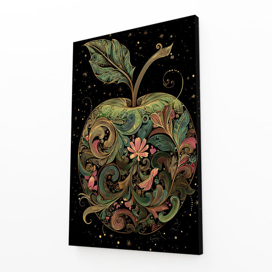 Folk Floral Ornate Apple Art – angled canvas view on white background