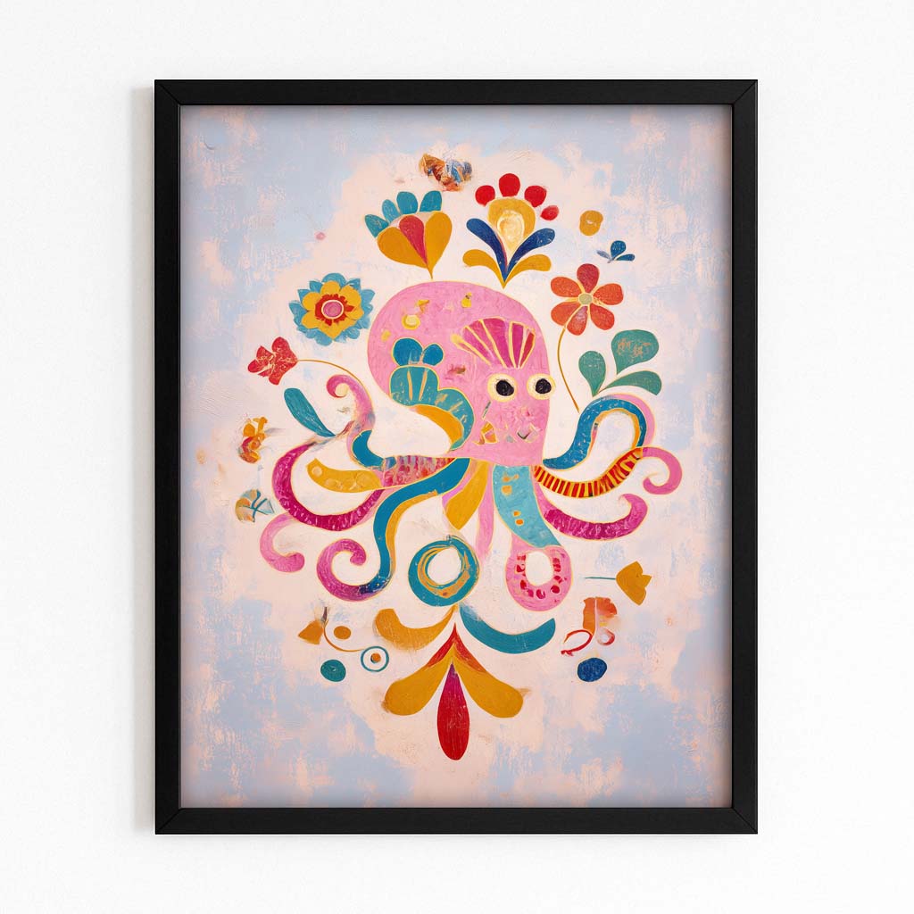 Folk Flower Bloom Octopus Art – with Premium Black frame on white background