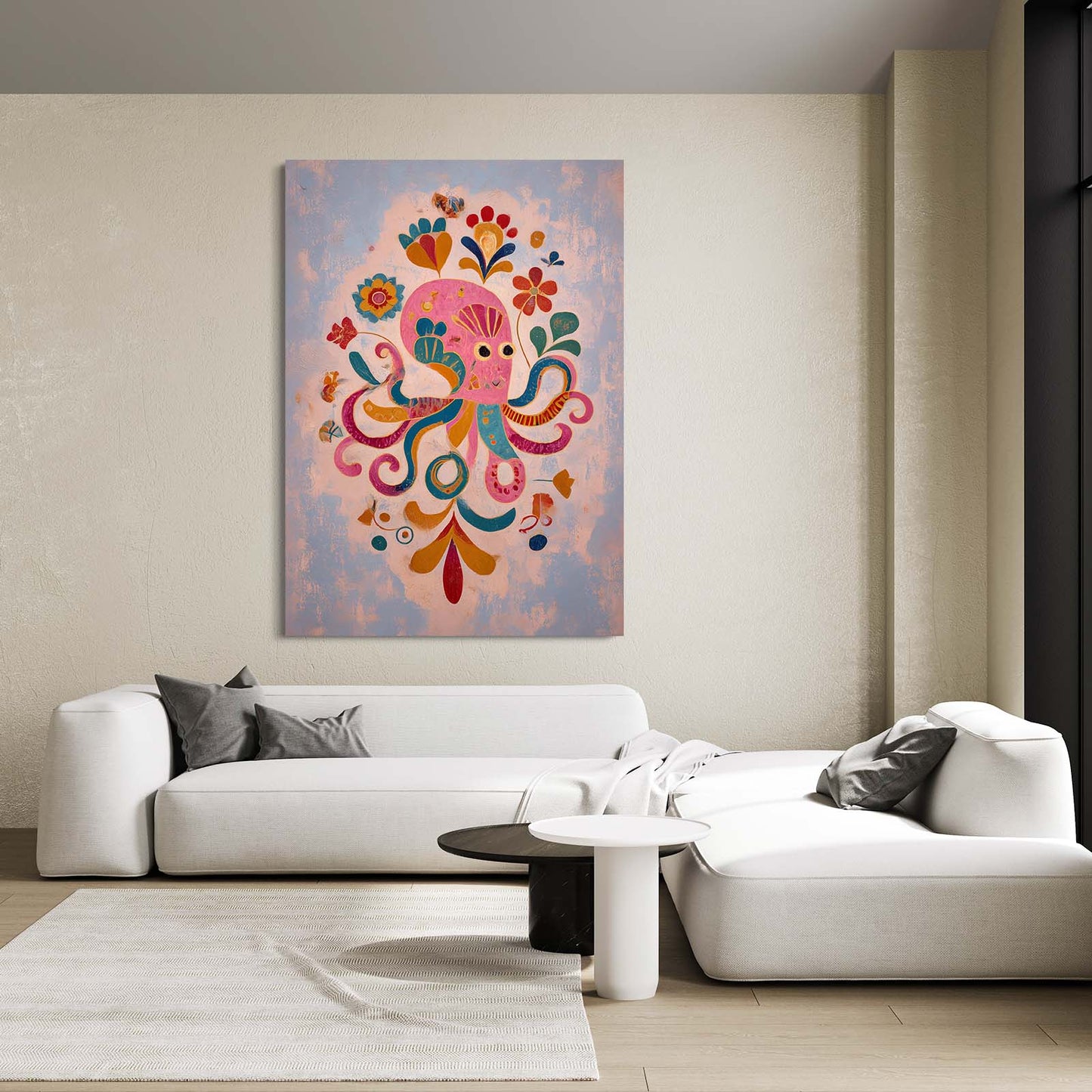 Folk Flower Bloom Octopus Art – styled in a furnished interior