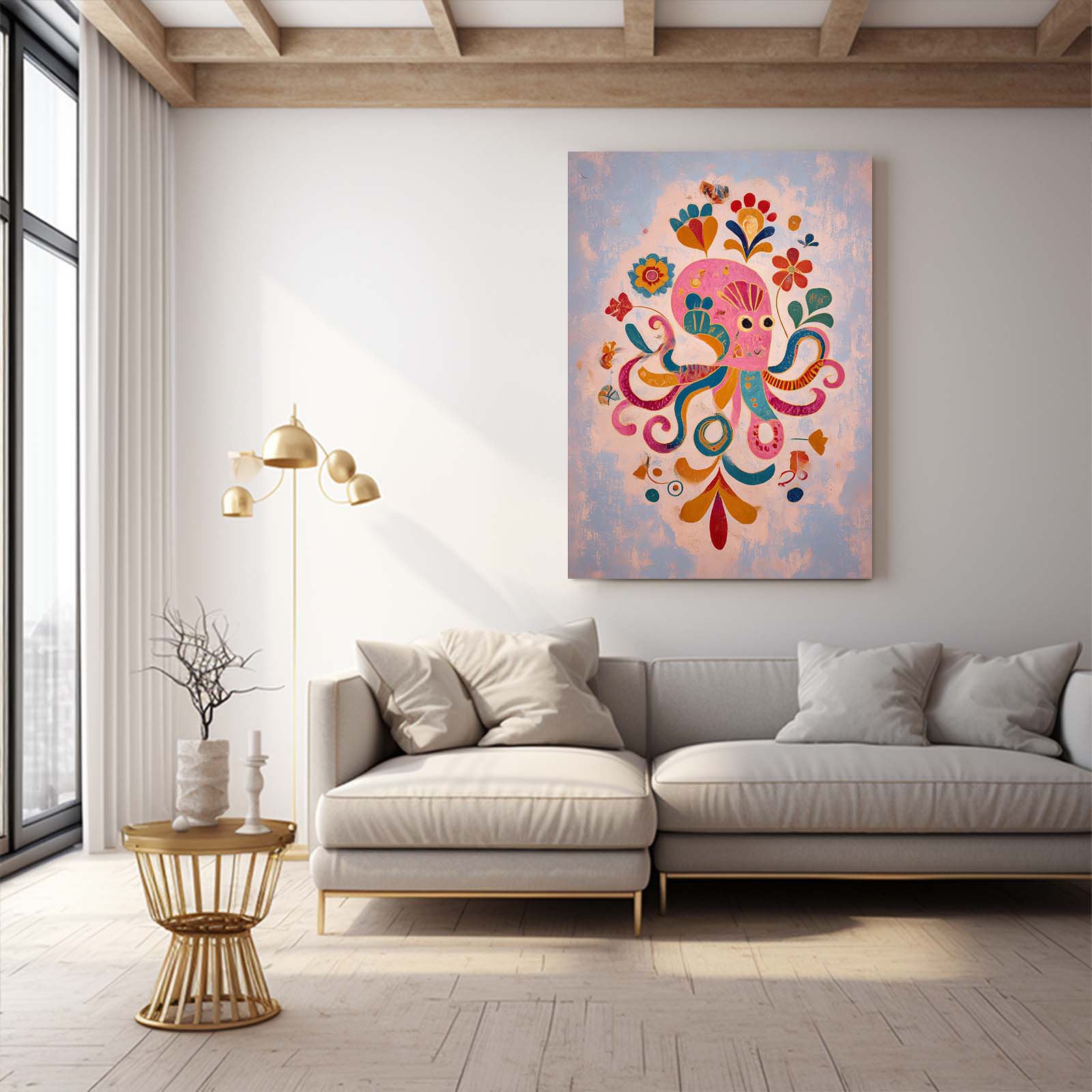 Folk Flower Bloom Octopus Art – styled in a furnished interior