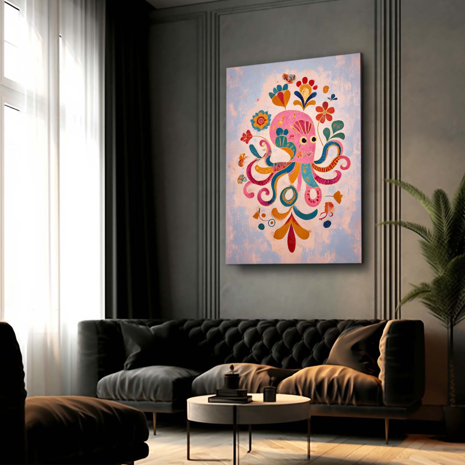 Folk Flower Bloom Octopus Art – styled in a furnished interior