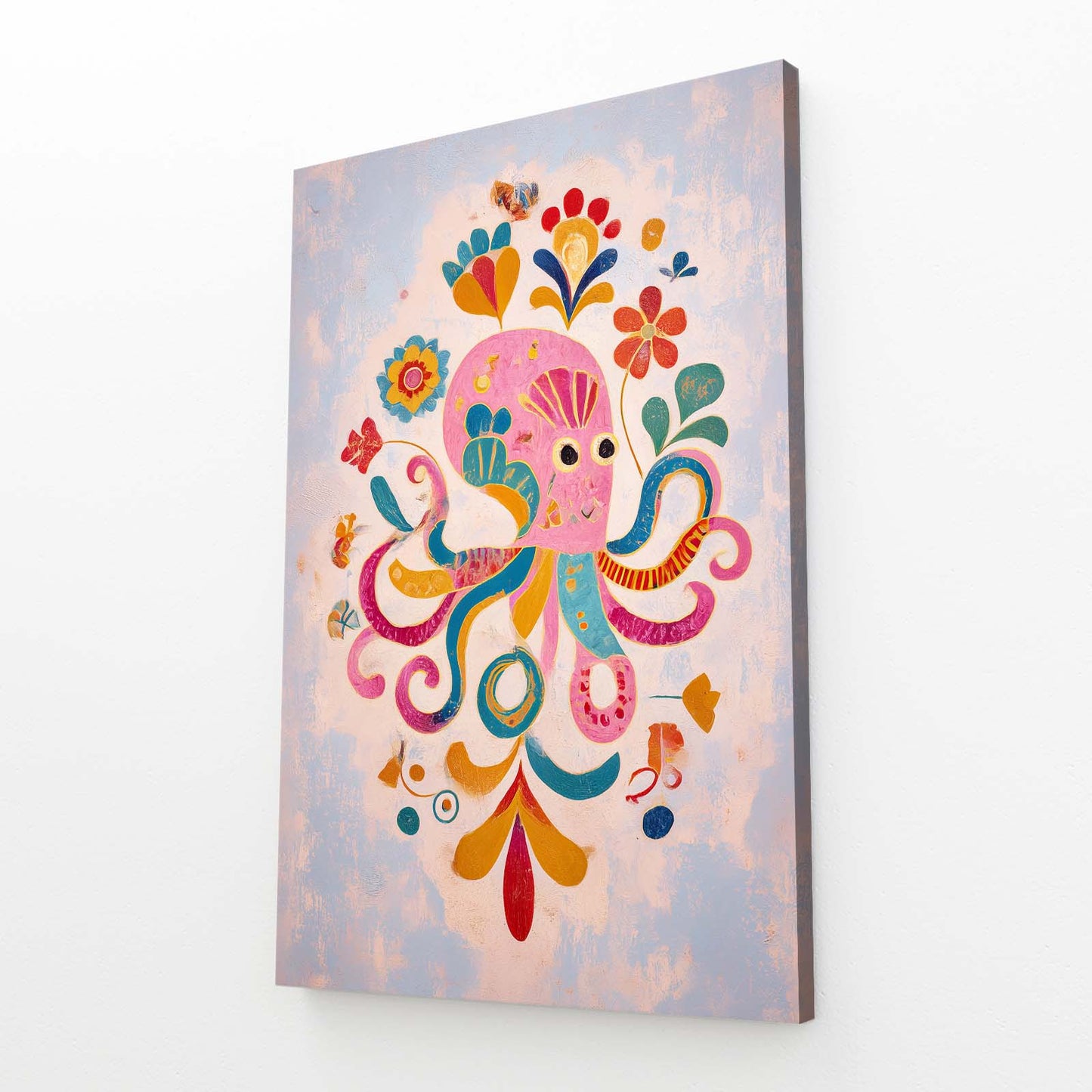 Folk Flower Bloom Octopus Art – angled canvas view on white background