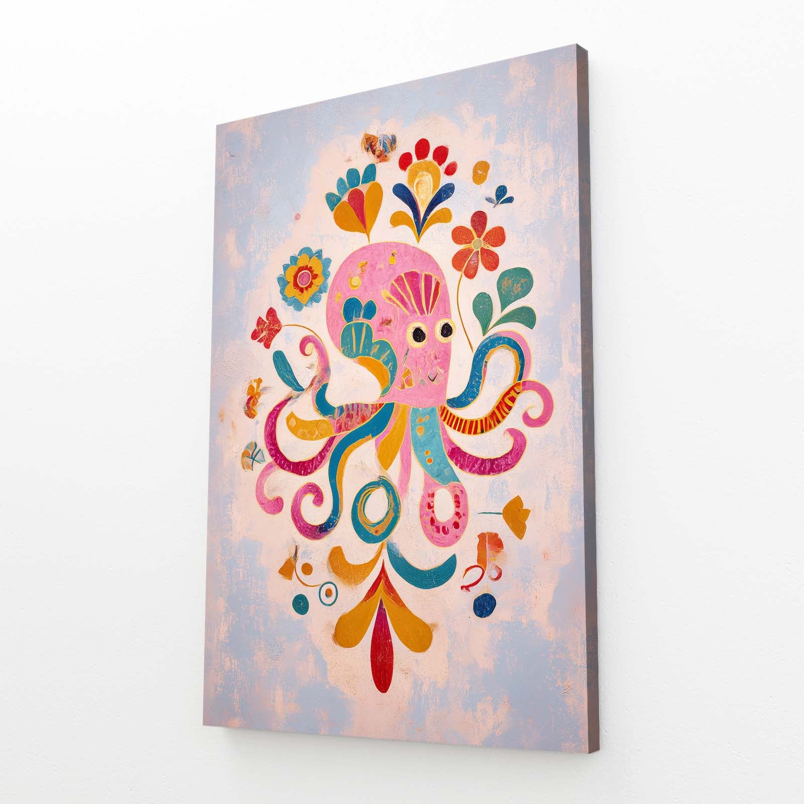 Folk Flower Bloom Octopus Art – angled canvas view on white background
