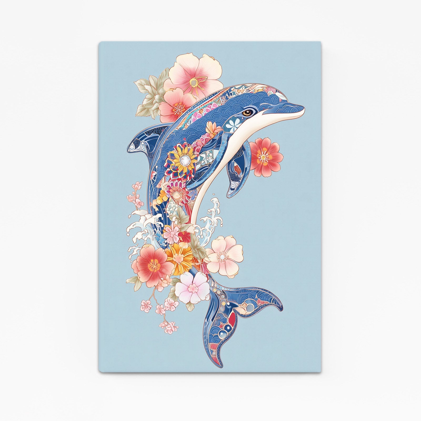 Folk Flower Dolphin Canvas – two dolphins wrapped in folk-style flowers on a powder blue background