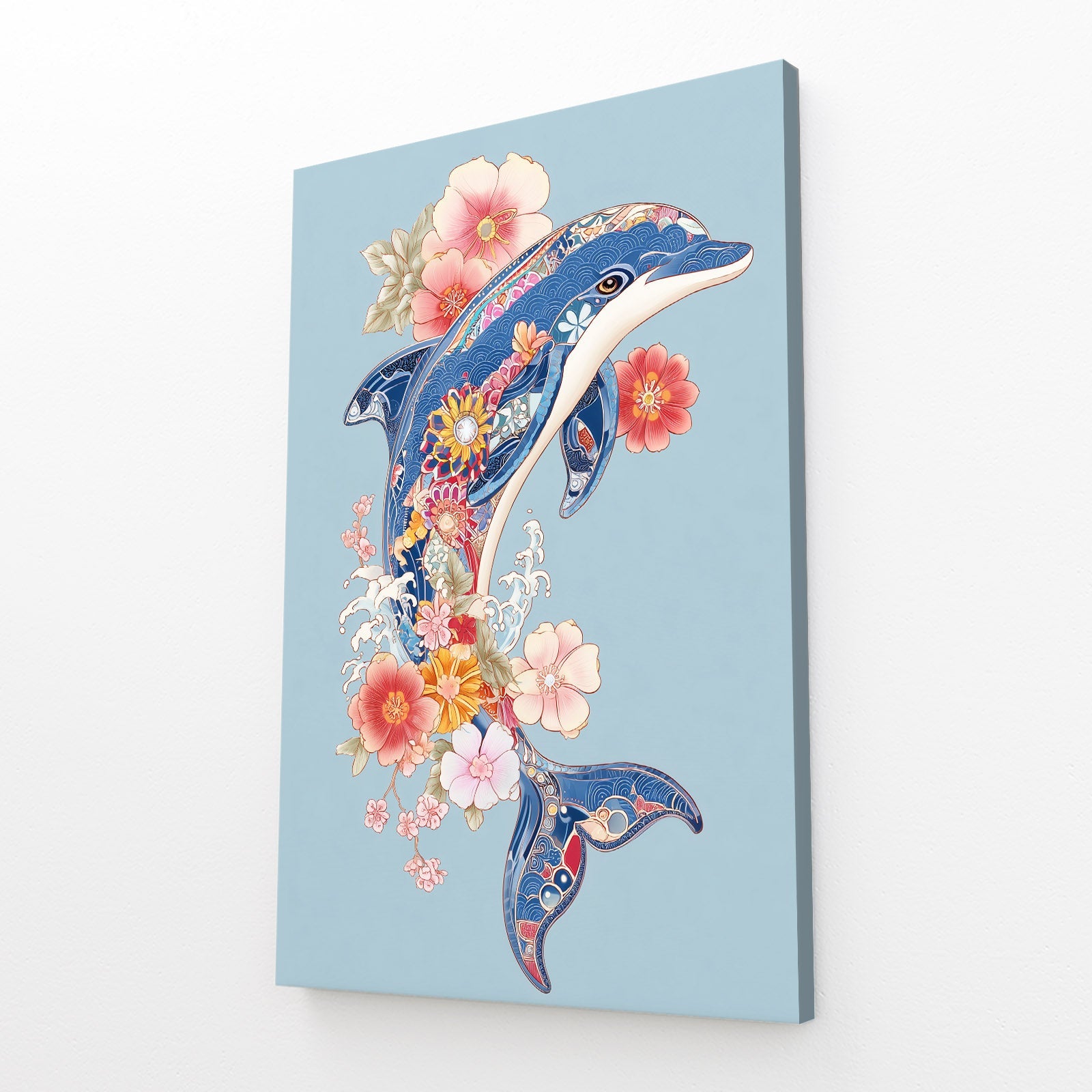 Folk Flower Dolphin Canvas – angled canvas view on white background