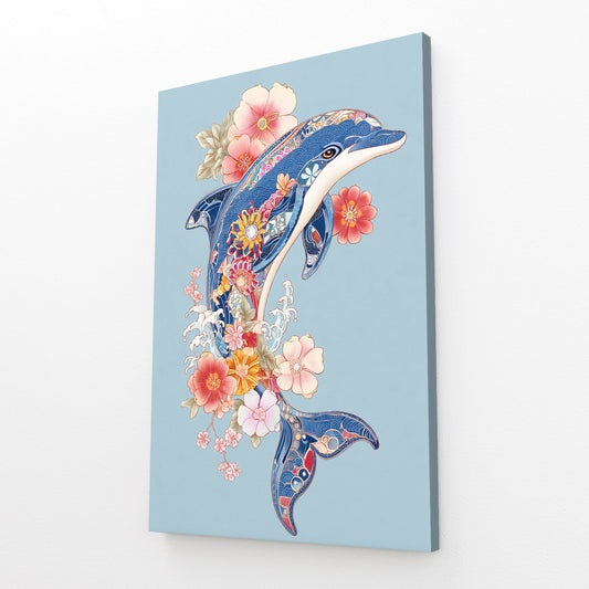 Folk Flower Dolphin Canvas – angled canvas view on white background