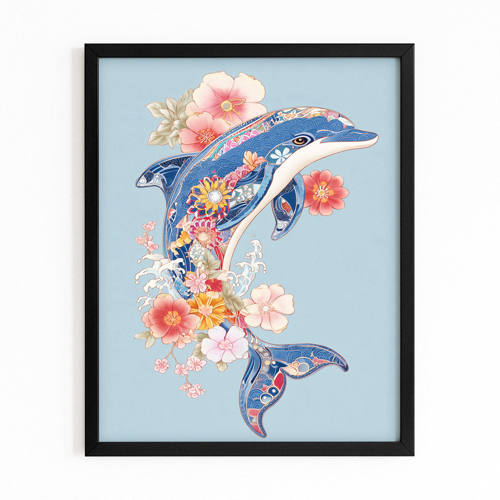 Folk Flower Dolphin Canvas – with Premium Black wood frame on white background