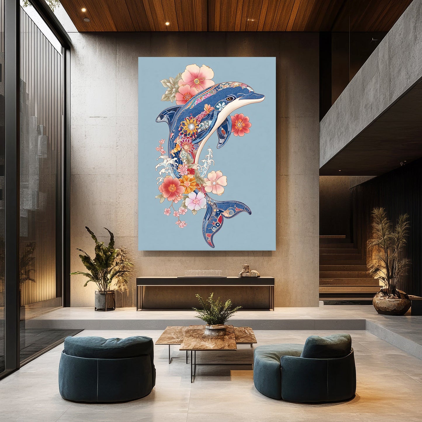 Folk Flower Dolphin Canvas – styled in a furnished interior