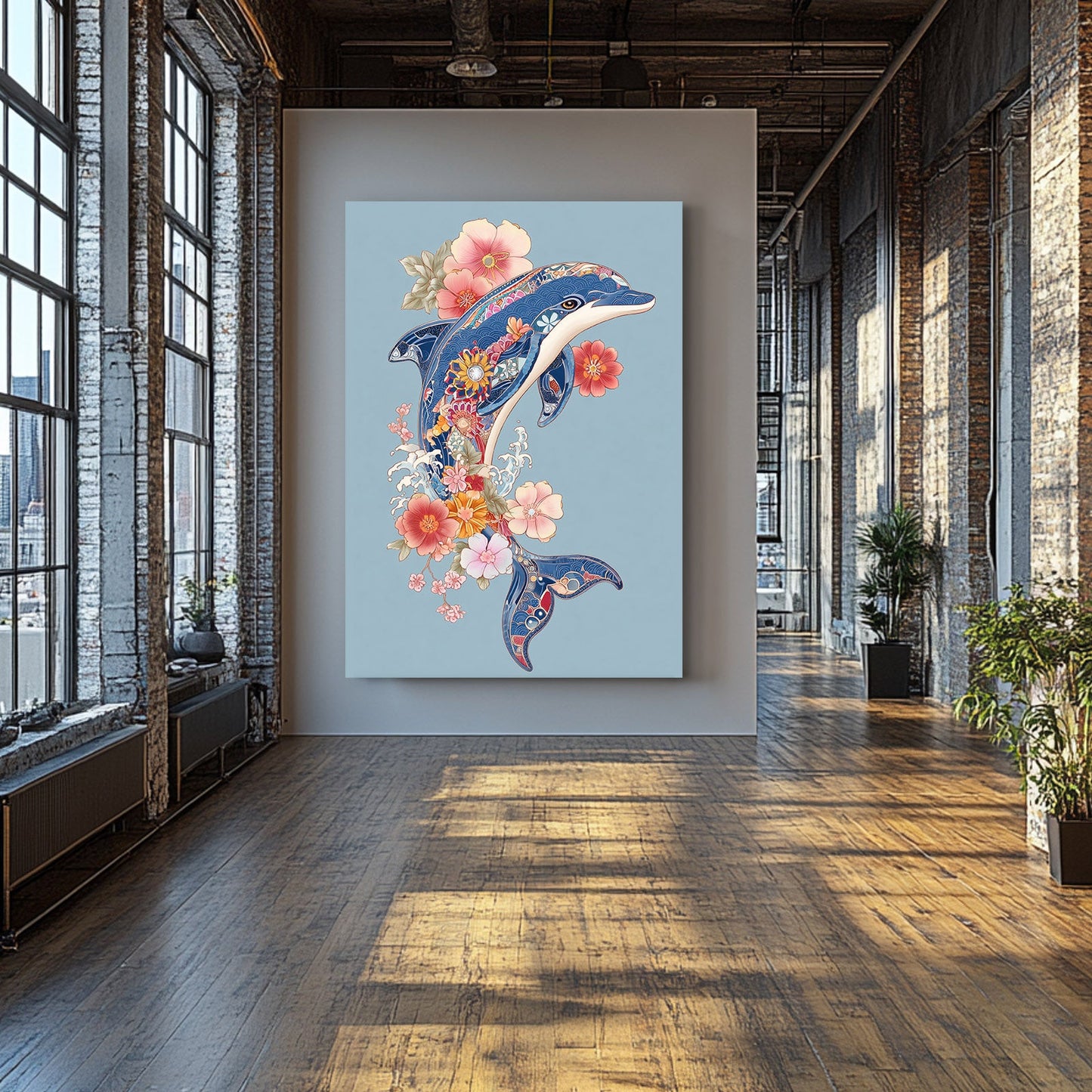 Folk Flower Dolphin Canvas – styled in a furnished interior