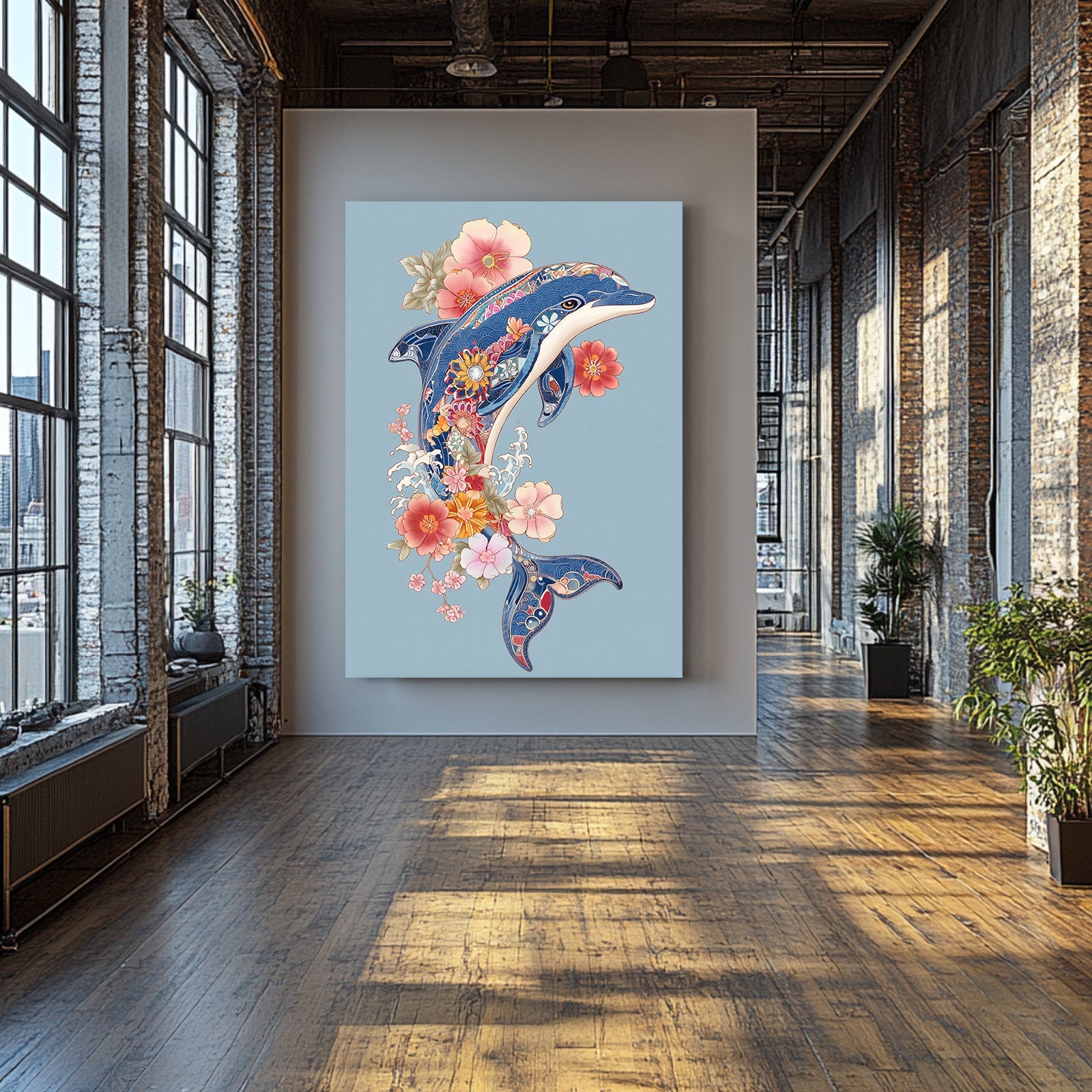 Folk Flower Dolphin Canvas – styled in a furnished interior