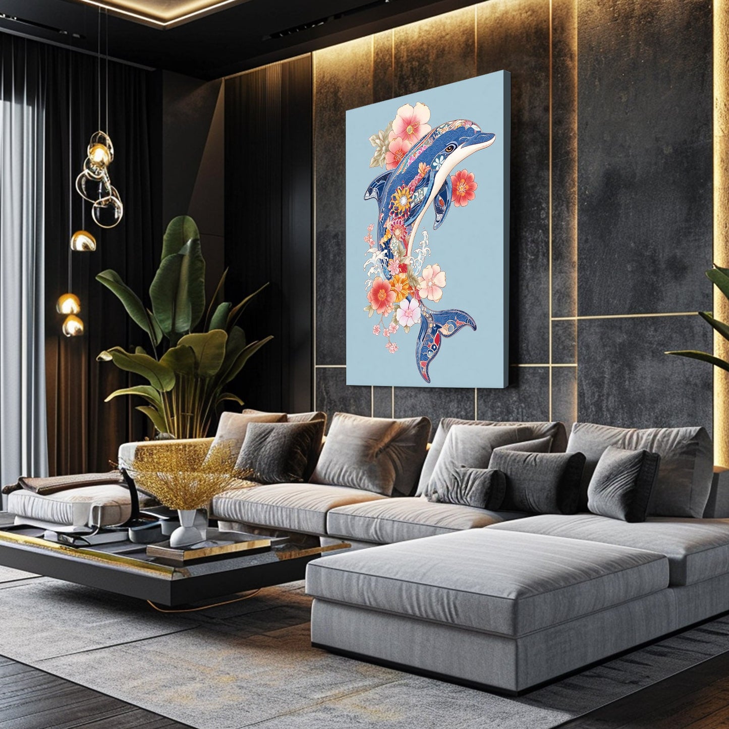 Folk Flower Dolphin Canvas – styled in a furnished interior