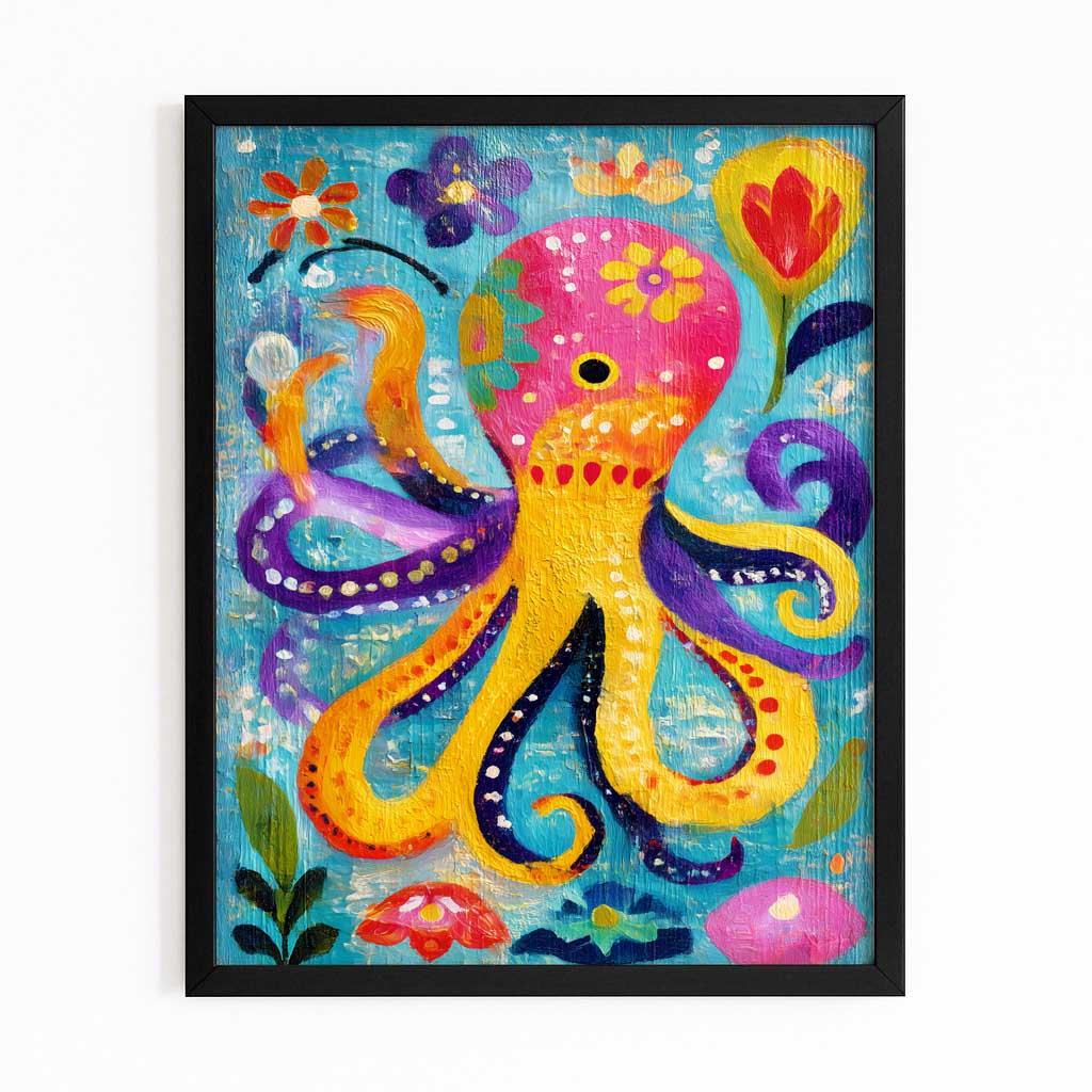 Folk Garden Bloom Octopus Wall Decor – with Premium Black frame on white background